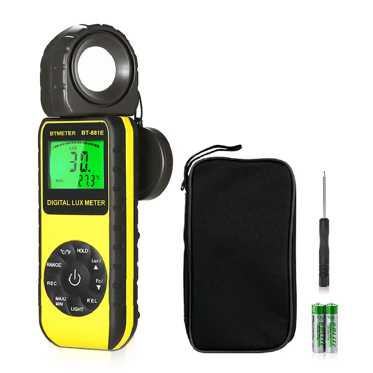 Luxmetro Digital, BTMETER BT-881E Misuratore di Luce Misura 0,01~300,000 Lux/FC, Luxometri Portatile Misuratore Lumen con Temp Ambientale e Schermo Retroilluminato per Piante, Esposimetro, Fotografico