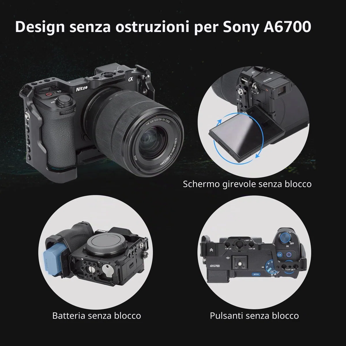 Nitze A6700 Cage, Gabbia per Sony Alpha 6700 Fotocamera con Morsetto per Incorporato Cold Shoe, NATO Rail e Piastra Sgancio Rapido Arca - T-S12A