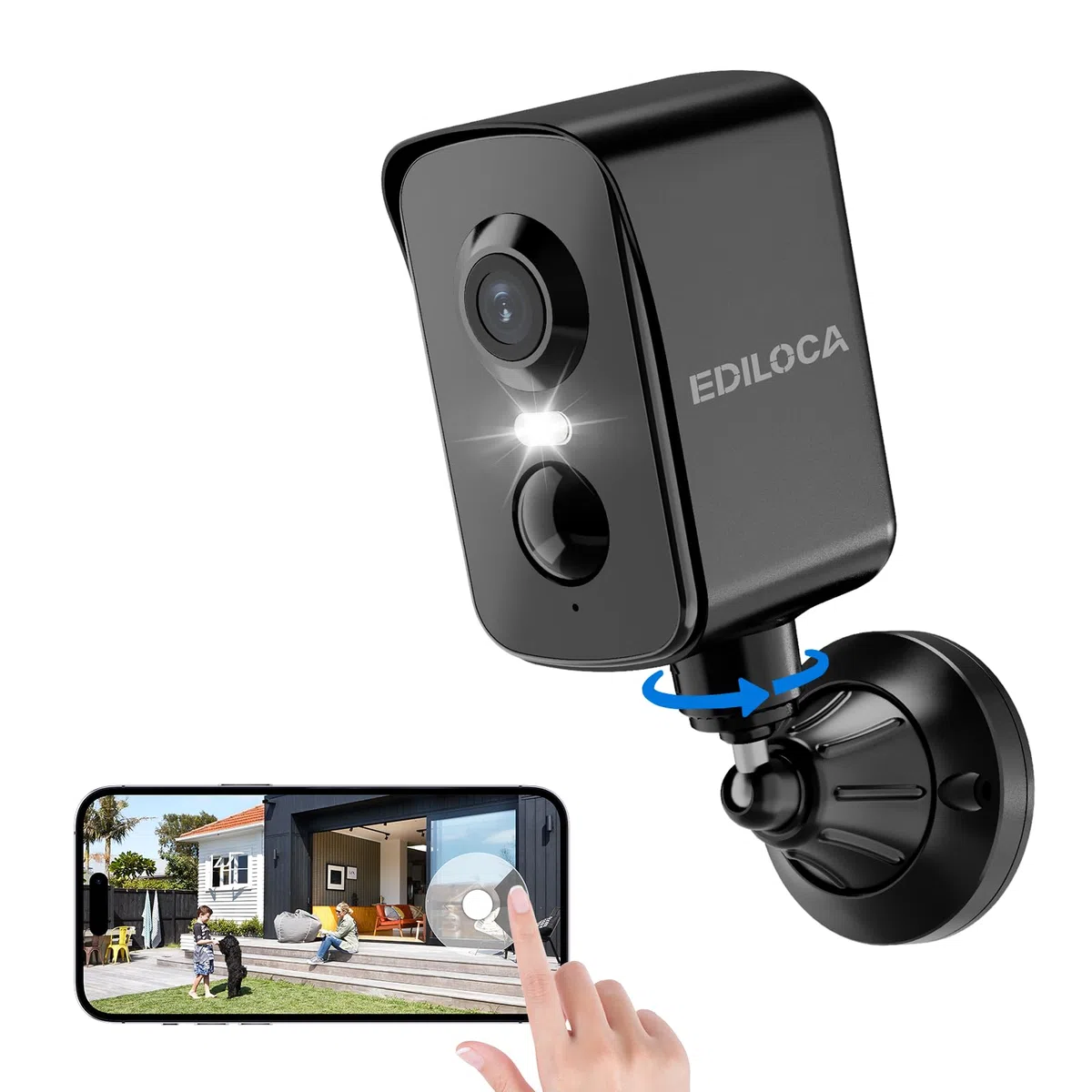 Telecamera WiFi Interno/Esterno, Videocamera Sorveglianza 2K 3MP Senza Fili Batteria Ricaricabile, Rotazione 300°, Rilevamento Umano PIR, Visione Notturna a Colori, Impermeabile IP65-Black