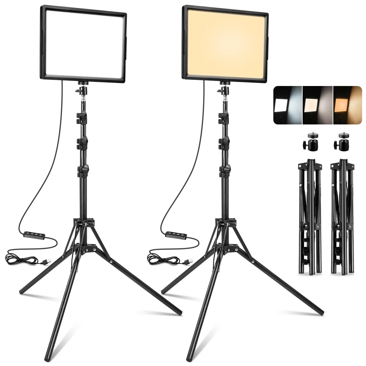 Luce Foto-video LED 2-Pack, Luce Continua Dimmerabile USB LED Bi-colore 2800-6500K, Kit di Illuminazione Fotografica 173cm con Supporto Treppiede per Studi, Registrazione Video YouTube TikTok