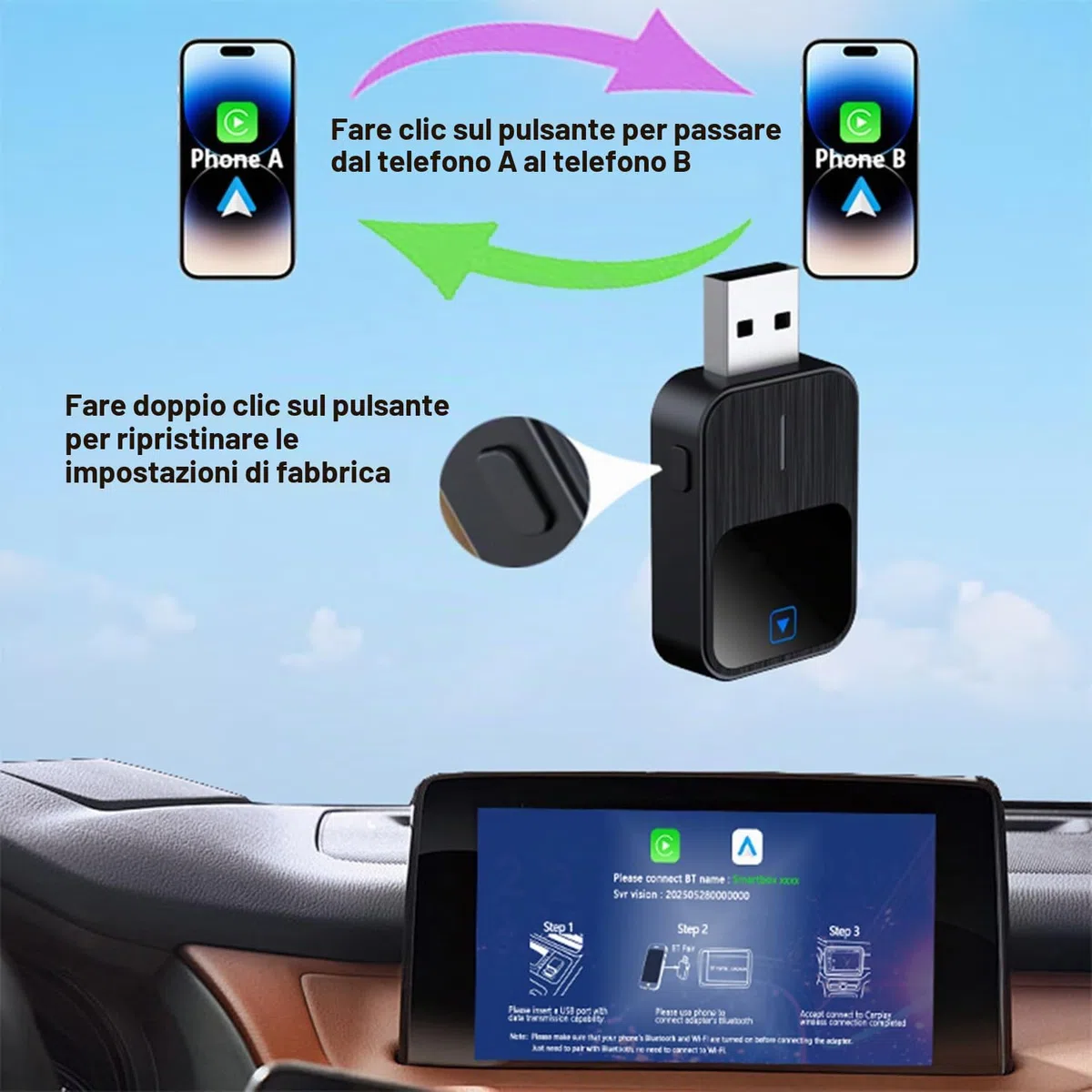 CarPlay Wireless Adapter 2025 Upgrade CarPlay Dongle,Adapter 2 in 1 CarPlay & Android Auto Converts Wired to Wireless per iPhone, Plug and Play Adapter Compatible with iPhone iOS 10+/Android11+