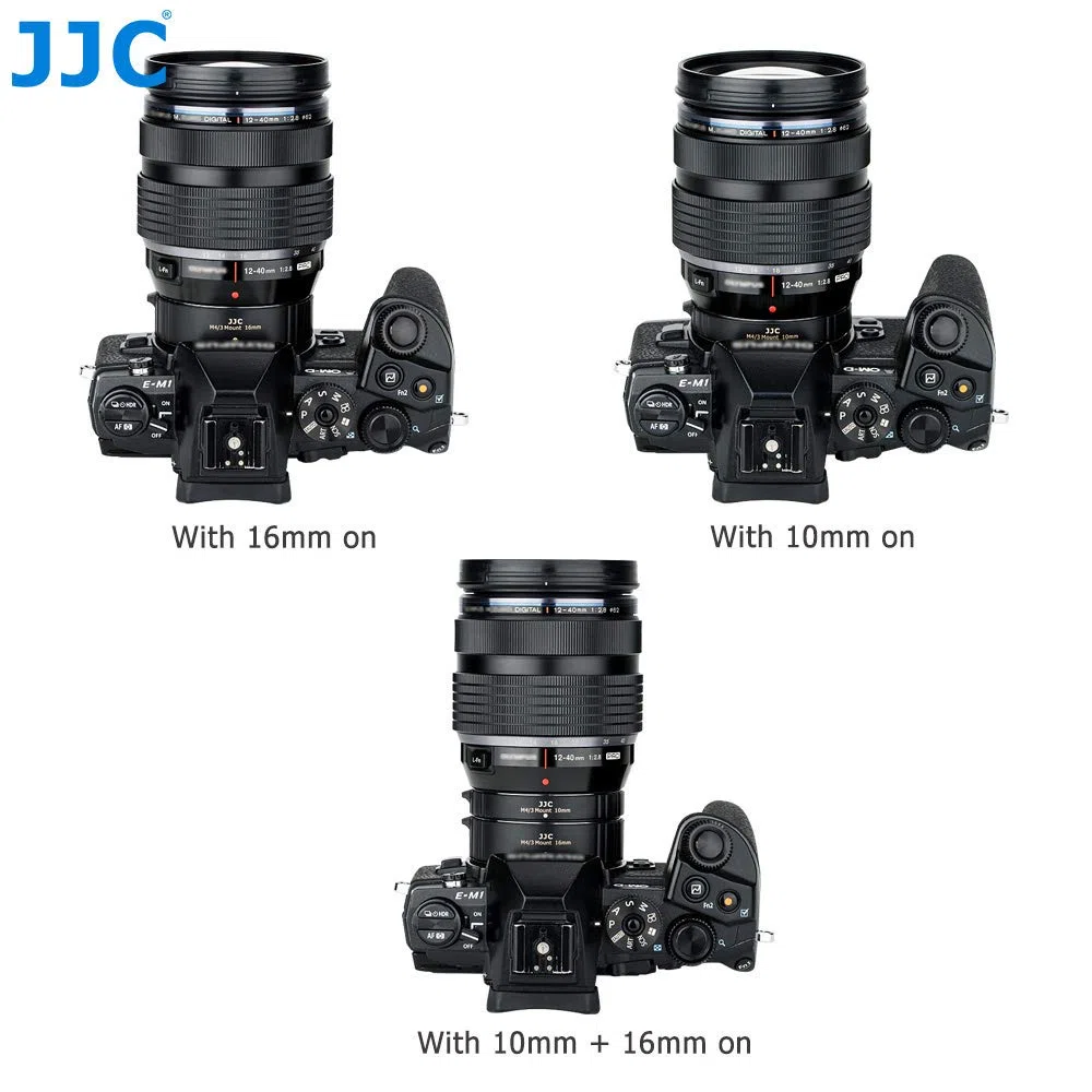 JJC 2-Pezzo (10mm/16mm) Metallo Set Tubo di Estensione Automatico Macro per Olympus e Panasonic Micro 4/3 (MFT) Fotocamera