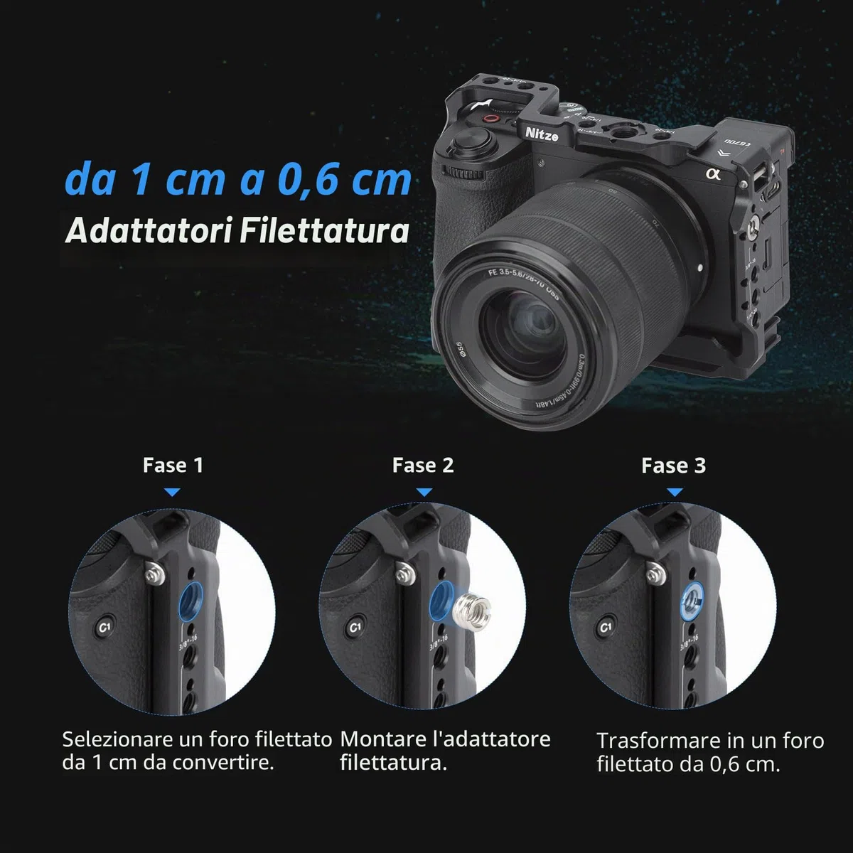 Nitze A6700 Cage, Gabbia per Sony Alpha 6700 Fotocamera con Morsetto per Incorporato Cold Shoe, NATO Rail e Piastra Sgancio Rapido Arca - T-S12A