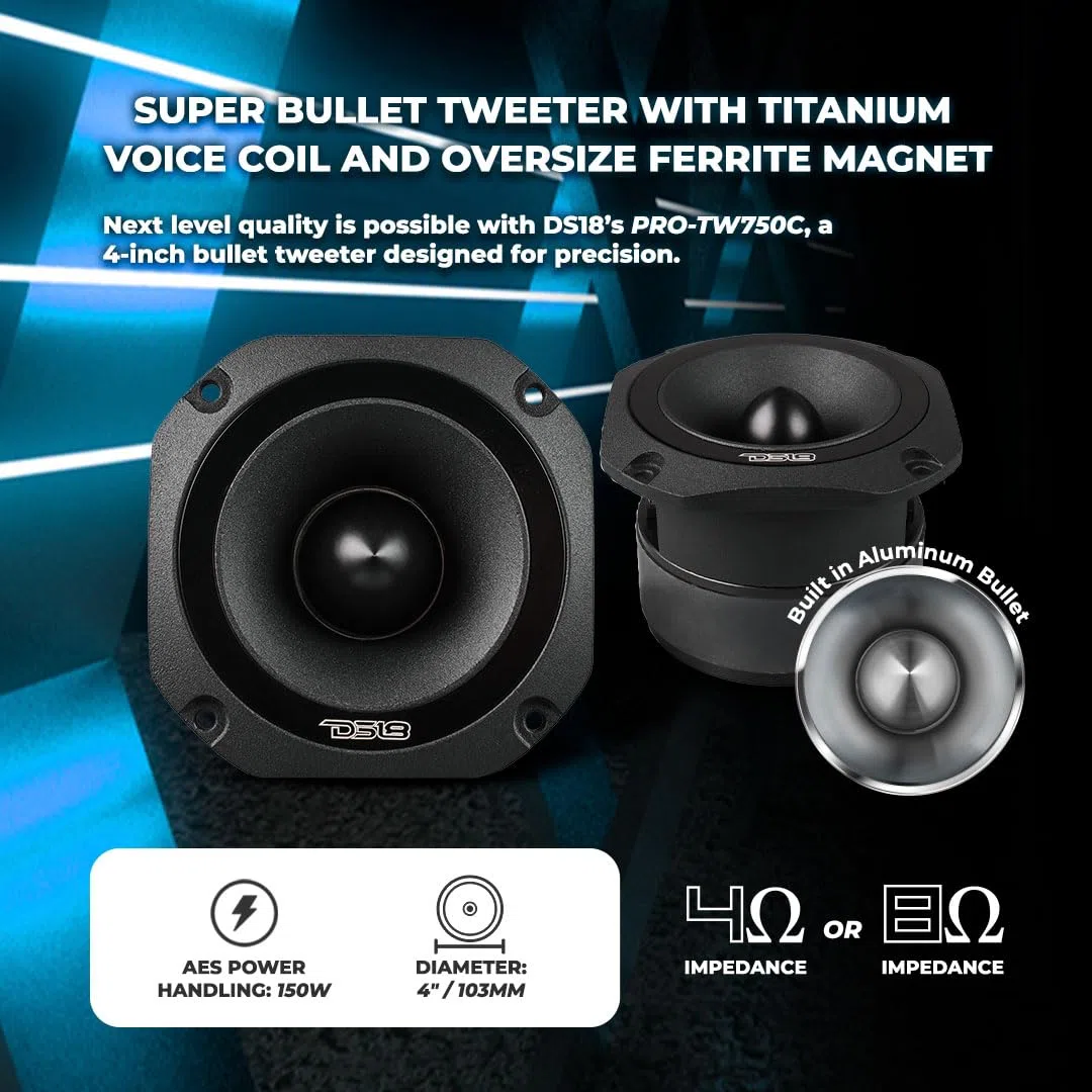 DS18 PRO-TW750C-8/BK Super Bullet Tweeter da 10,2 cm con bobina vocale in titanio da 3,8 cm e magnete in ferrite oversize da 200 Watt 8 Ohm, nero, singolo