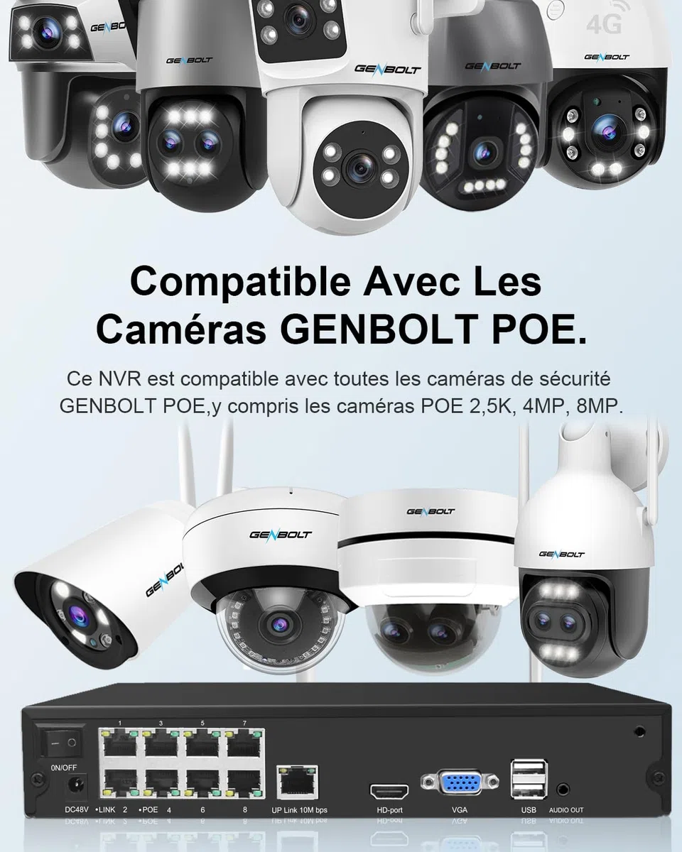 GENBOLT NVR PoE 4K, Sistema di videosorveglianza a 10 canali, Supporta telecamere IP PoE HD 8MP/5MP/4MP/1080P, Registrazione sorveglianza 24/7, HDD non incluso