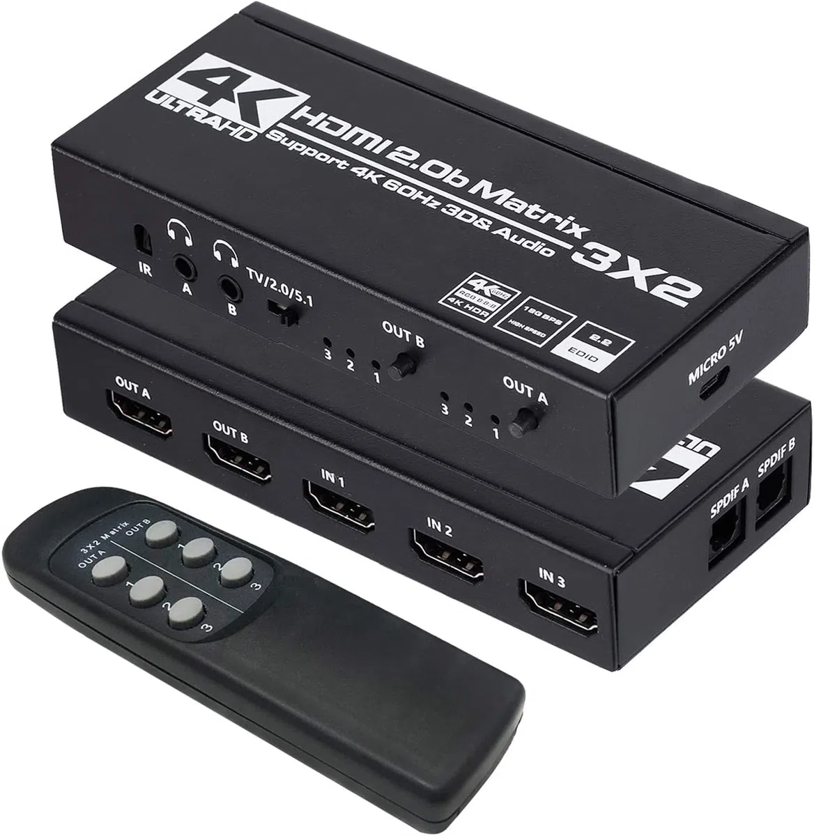 HDMI Matrix 3x2 4K 60Hz Matrix Switch 3 in 2 Out Switcher Splitter Box con estrattore EDID e telecomando IR, supporto Ultra 4K HDR, 3D/1080P, HDMI 2.0b, HDCP 2.2