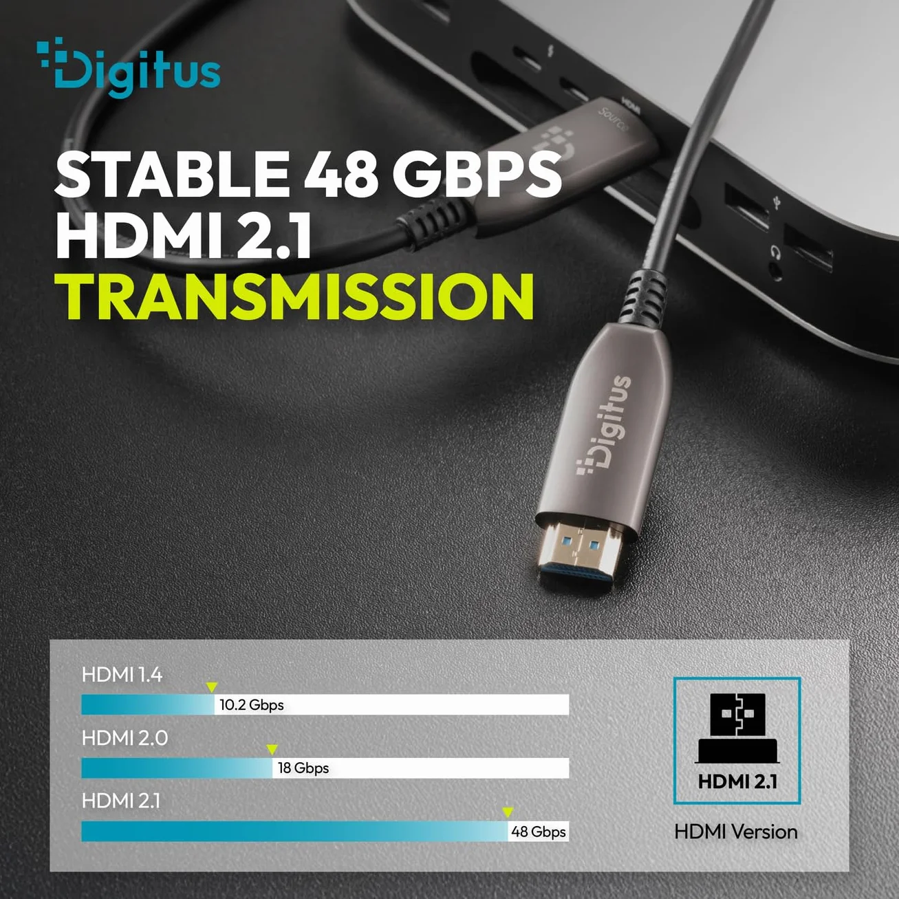 DIGITUS Cavo HDMI in fibra ottica – 100 m – UHD 8K 60Hz 4K 120Hz – HDMI 2.1 – 48 Gbps – eARC, HDR, HDCP 2.2, CEC – Cavo ibrido AOC – Contatti placcati in oro – Nero