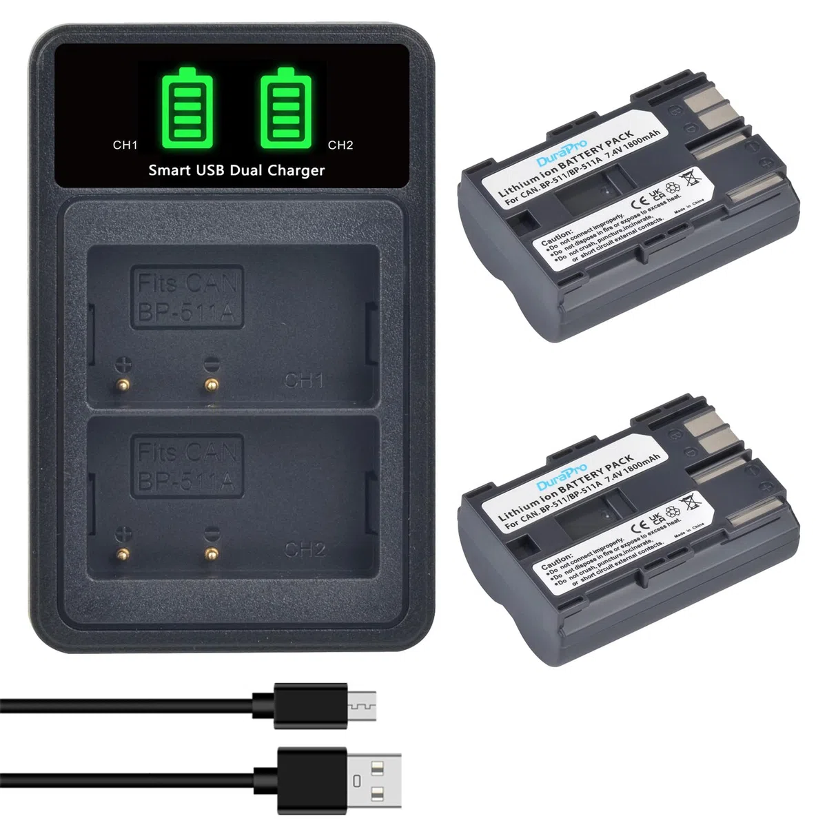 DuraPro - 2 batterie BP-511A BP-511 BP 511 BP511A + caricatore LCD Dual USB per Canon EOS 5D 10D 20D 20D 30D 40D 50D 300D D30 D60 Rebel PowerShot G1 G2 G3 G5 G6 Pro 1 Pro 90 Fotocamera Pro 90IS