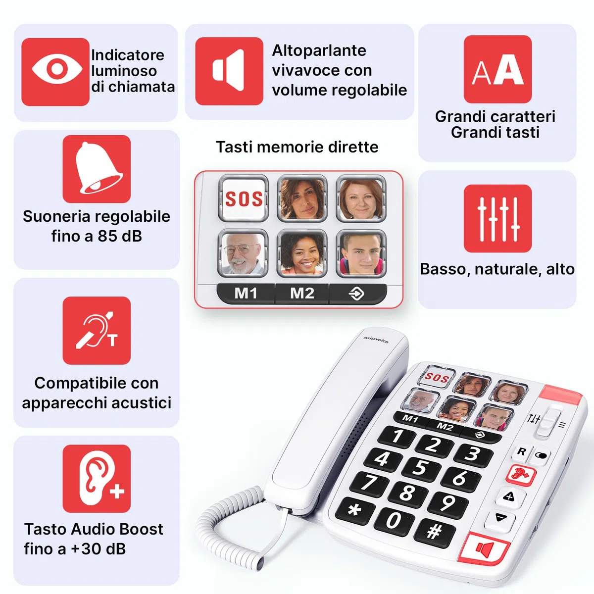 SWISSVOICE - Xtra 1110 - Telefono fisso con filo per anziani - Tasti grandi - 6 tasti di memoria con foto - Suonerie extra forti - Indicatore luminoso - Audio Boost - Compatibile apparecchi acustici