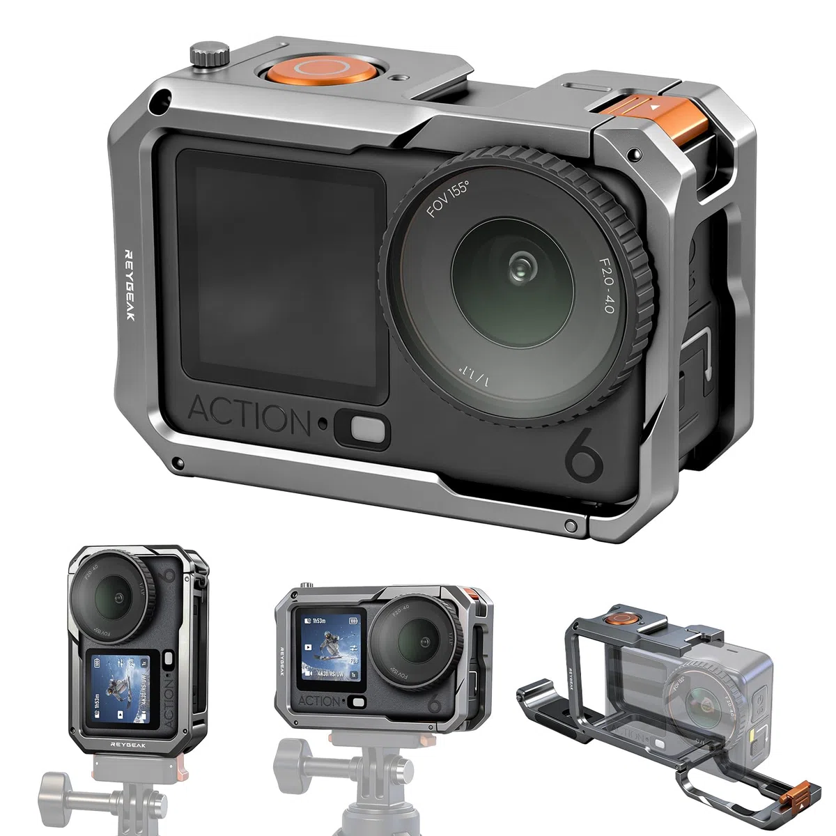 REYGEAK Gabbia in metallo ultra leggera per DJI OSMO Action 6, telaio in alluminio con vite da 1/4", scarpa fredda, supporto adattatore a sgancio rapido con doppio artiglio per OSMO Action 6