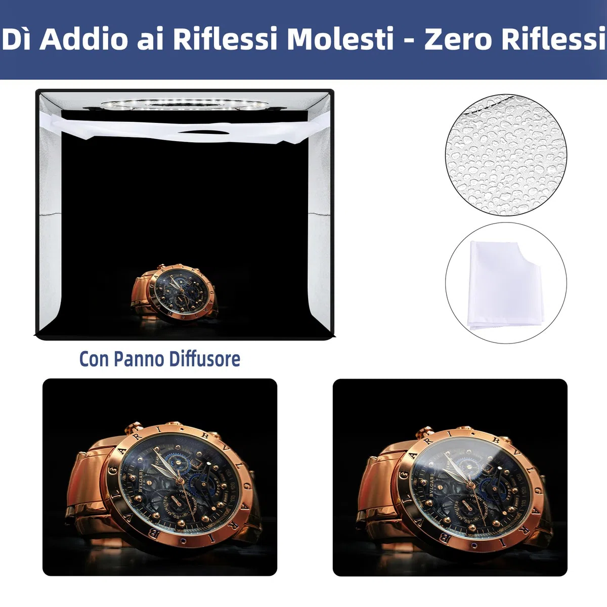 Scatola Luce Fotografica Portatile 30x30cm | 120 LED Regolabili (Luce Bianca/Fredda/Calda) | 6 Sfondi PVC | Tenda Superiore per Gioielli | Kit Studio Fotografico Professionale