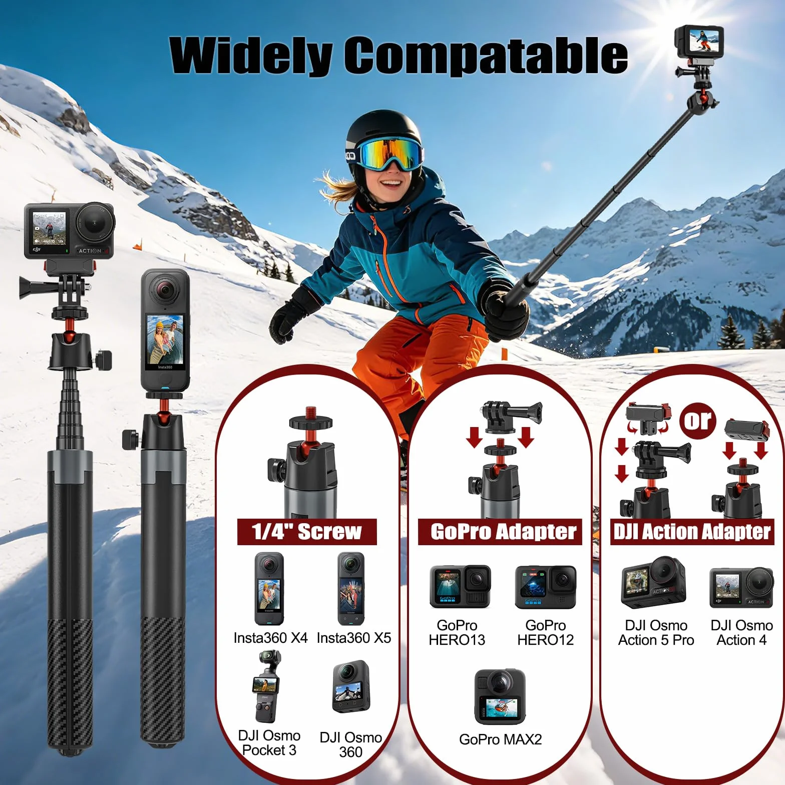 Bastone Selfie Treppiede 170cm per DJI Osmo Pocket 4 3 DJI Action 5 Pro/4 Insta 360 X5 X4 GoPro Hero 13/12/11/10 Black, Selfie Stick Treppiede da Viaggio/Supporto/Accessori 2-in-1 per Action Cam