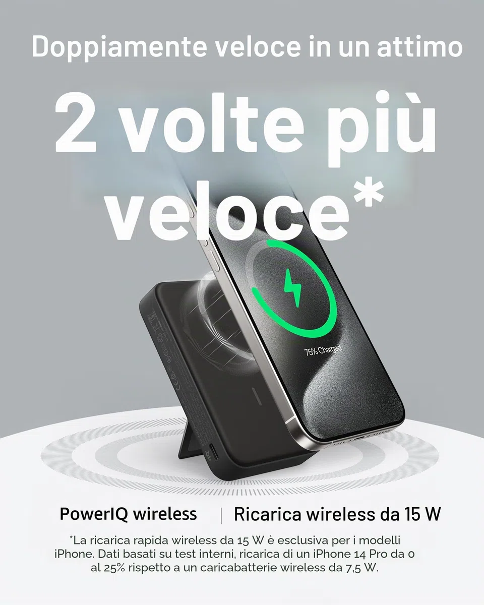 Anker MagGo Power Bank Magsafe 10000 mAh, Certificato Qi2 da 15 W, Caricatore Portatile Veloce, Display Intelligente e Supporto Pieghevole, per iPhone 17 Pro Max Air/Serie 16-12(Cavo USB C Incluso)