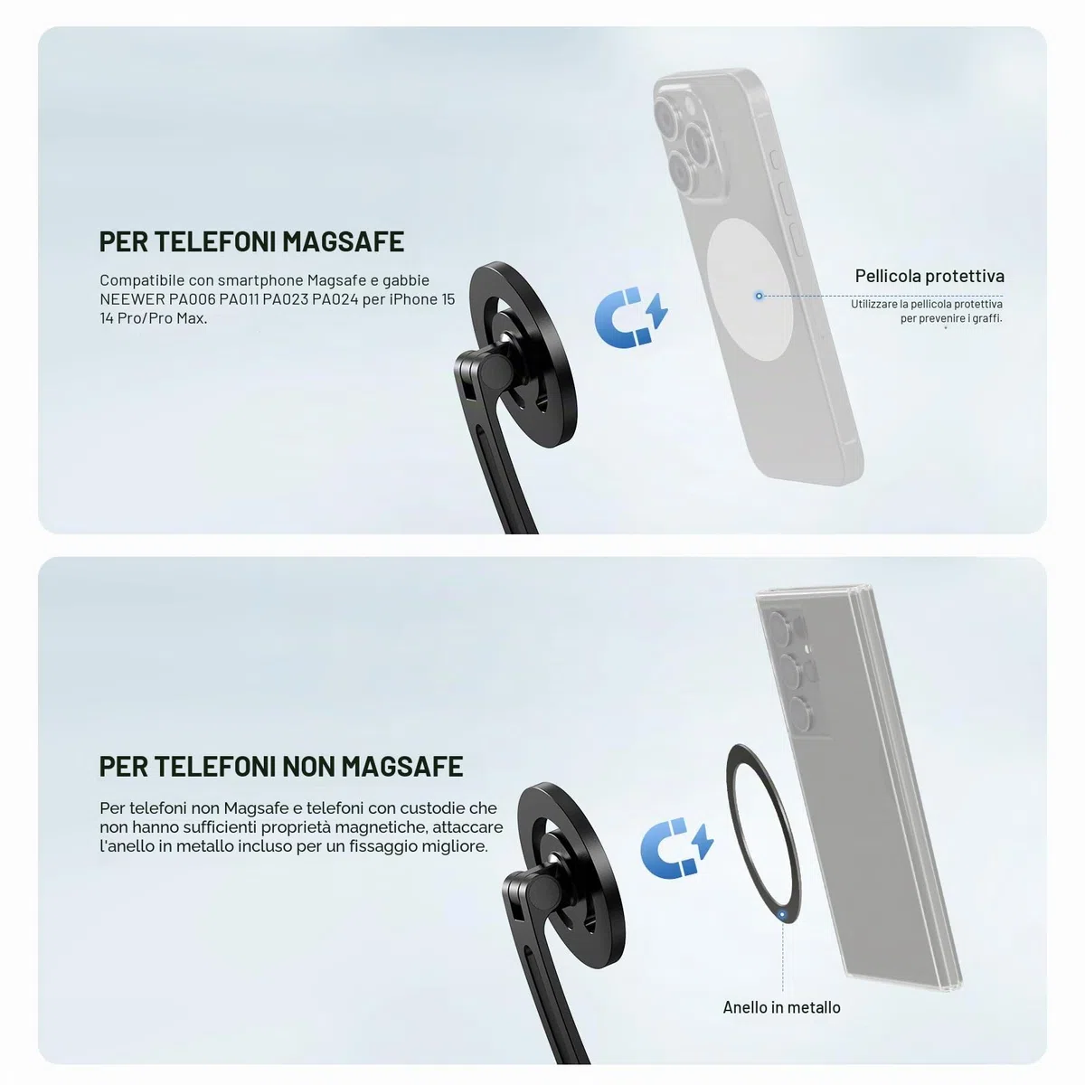 NEEWER Supporto Magnetico da Collo per Action Camera e Telefono, Treppiede da Collo Supporto da Petto Compatibile con GoPro DJI Insta360 iPhone 15 Android, Neck Phone Holder per POV Video Vlog, GP16