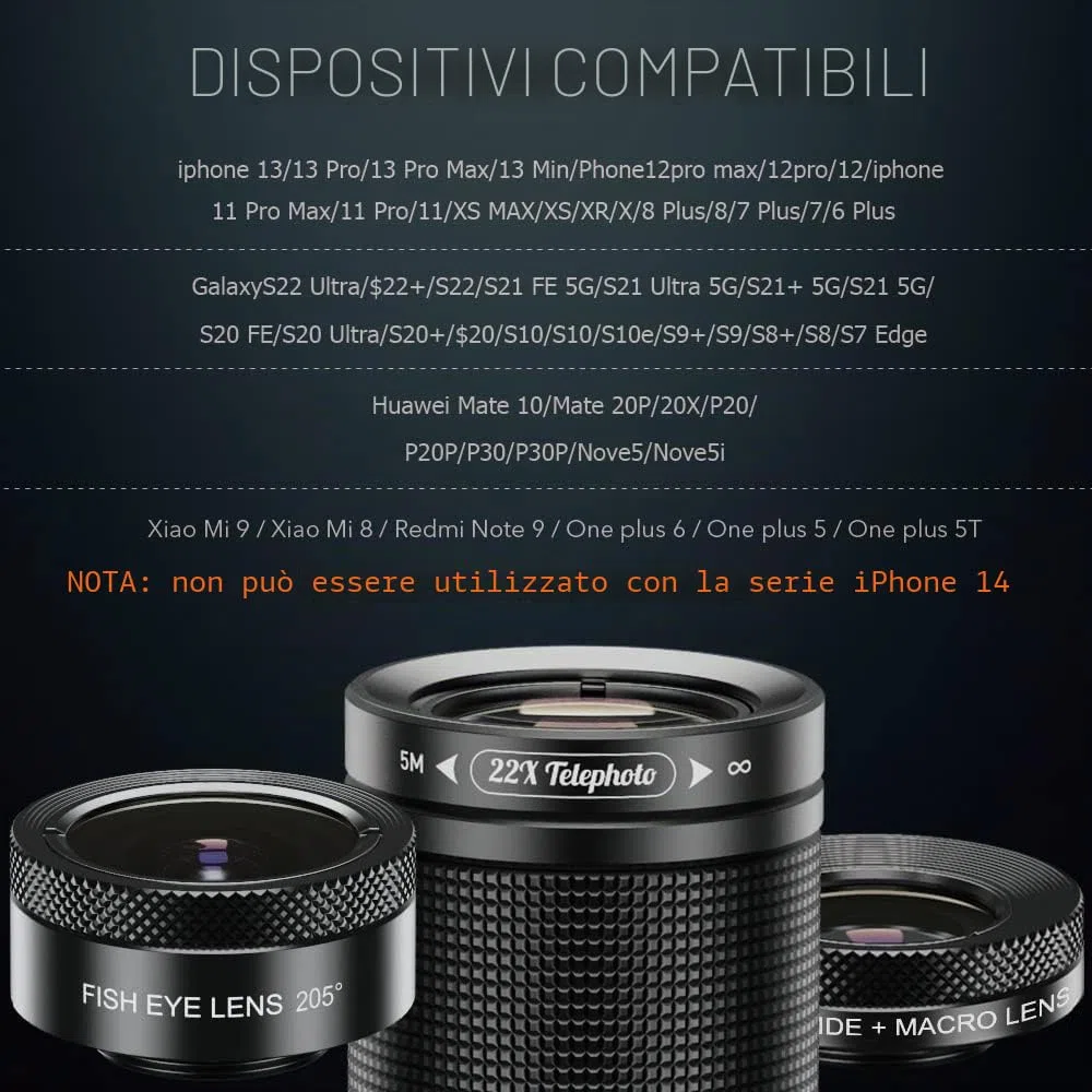 Apexel Kit di obiettivi per telefono, kit di obiettivi 4 in 1 per fotocamera, teleobiettivo 22x, obiettivo fisheye 205°, obiettivo grandangolare 120°, obiettivo macro 20x, treppiede e scatto remoto