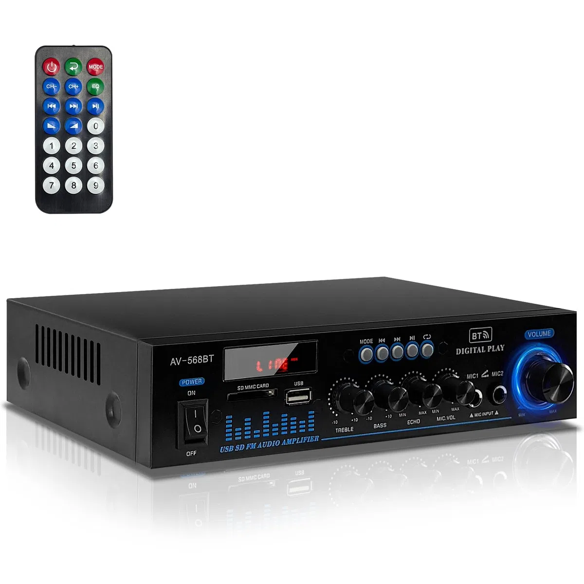 Amplificatore Bluetooth 5.0 1000W RMS 60W X2 Stereo con Telecomando e Mini Display LCD, 12V/220V, 2.0 Canali con Ingresso USB/RCA/Scheda SD per Casa, Auto Audio Speaker
