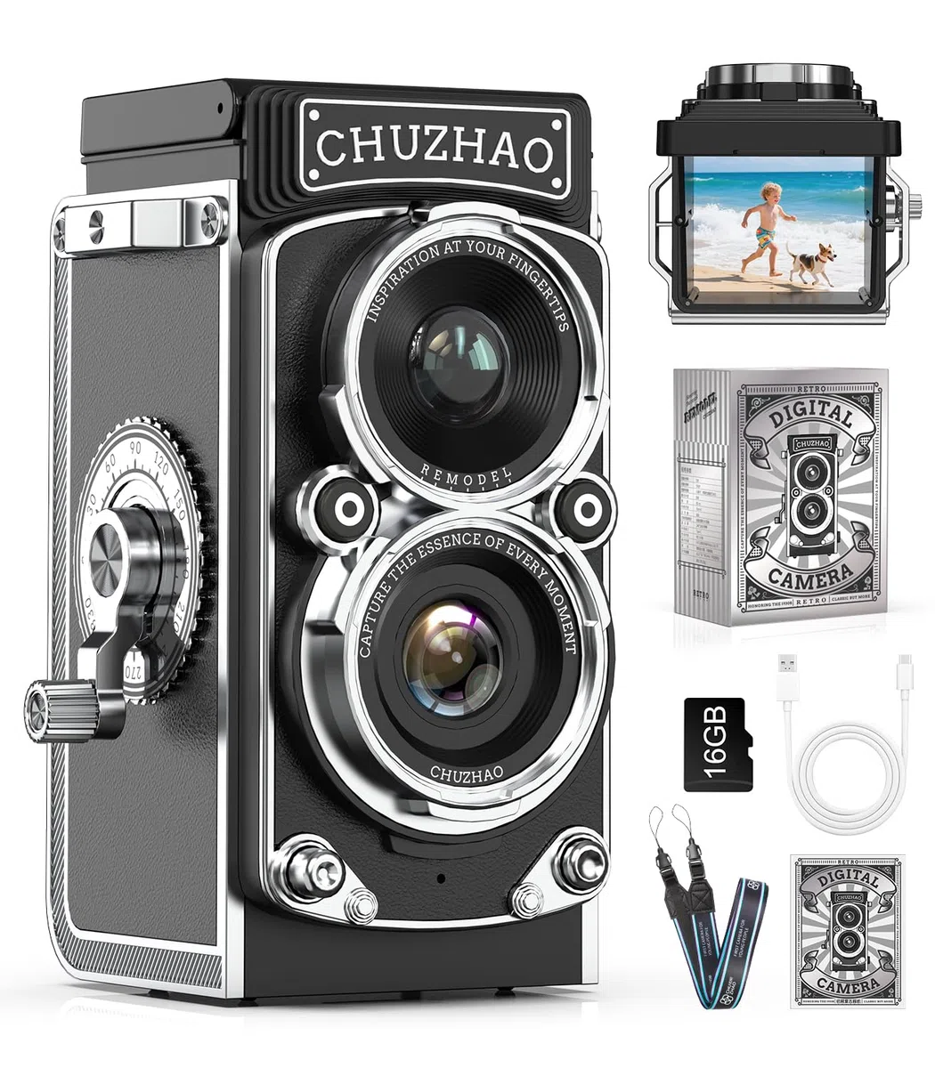CHUZHAO Mini fotografica retrò vintage 12 MP 1080P FHD fotocamera digitale TLR autofocus fotografiche con scheda di memoria da 16 GB macchina fotografica portatile compatta per bambini, adolescenti