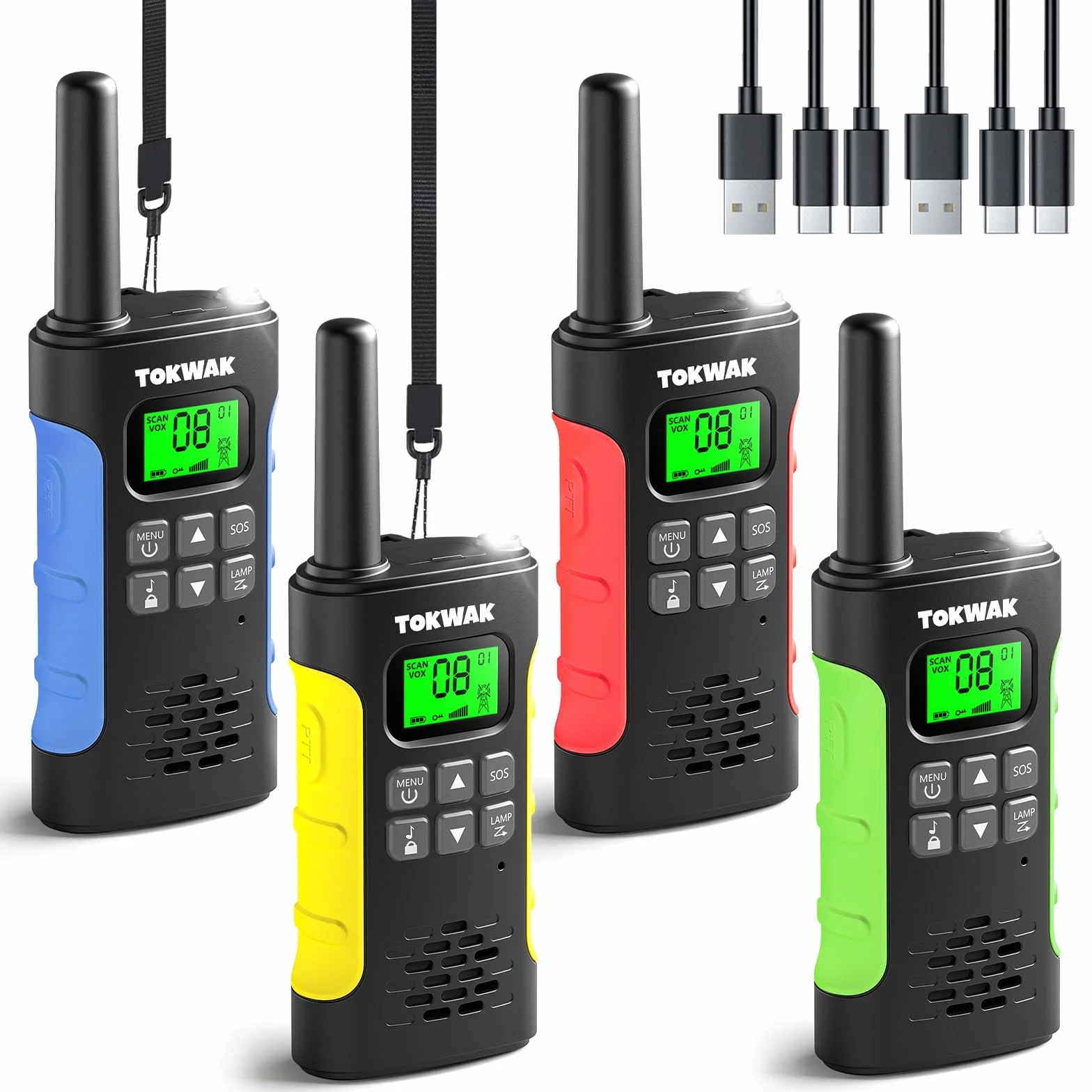 4 Pezzi Walkie Talkie Ricaricabile con Batteria, Walkie-Talkies per Bambini e Adulti, 16 Canali Lungo Raggio Walkie Talkie con Torcia Funzione VOX, Walki Talki per Campeggio Escursioni