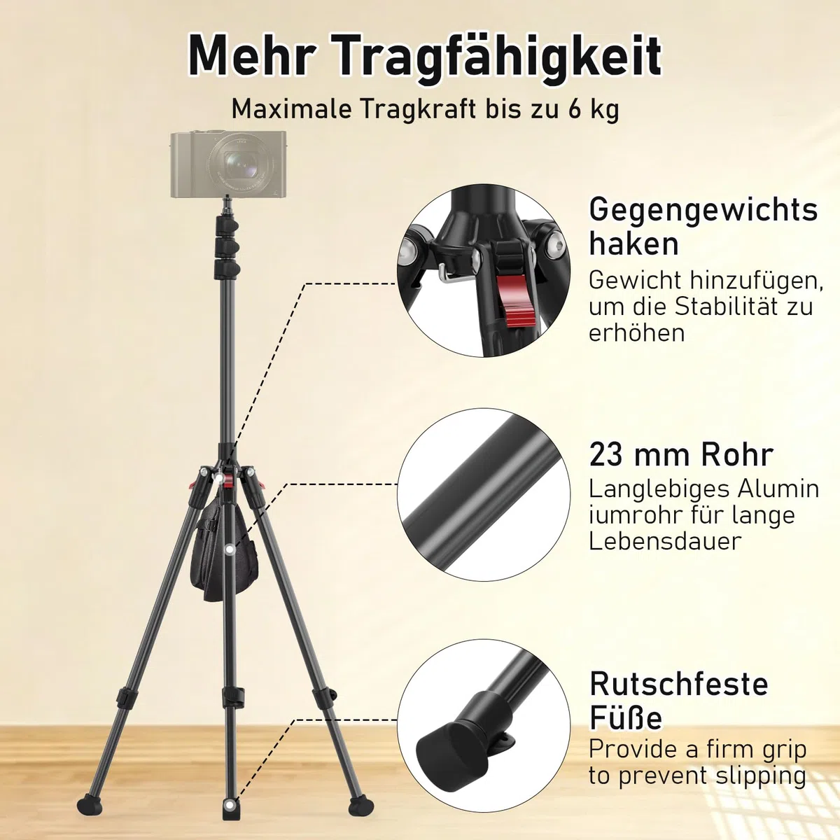 Stativo Fotografico e Stativo luci, Tripode in Alluminio, 44-200 cm, Gambe Reversibili, Vite 1/4", Per Anelli luce, Flash e Softbox. Peso 0.85 kg, Regolazione Indipendente Gambe Per Ogni Terreno