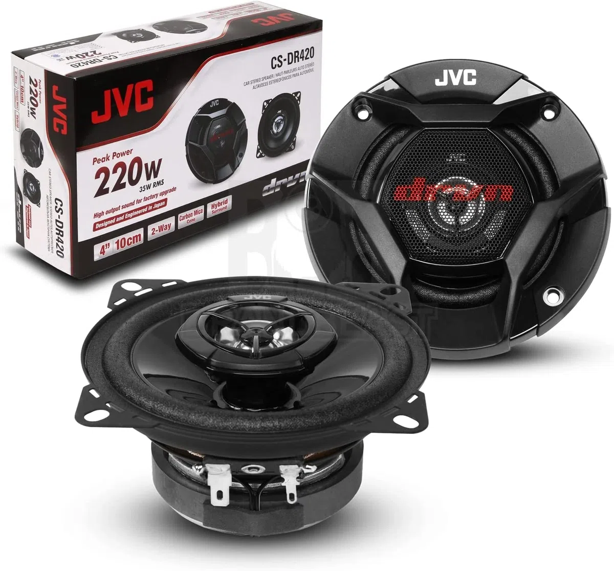 JVC CS-DR420 Altoparlante per Auto Mono, Potenza 220W, risposta in frequenza 114-23.000 Hz, cono in fibra di carbonio per un suono nitido, profondità di 45,5 mm, Nero