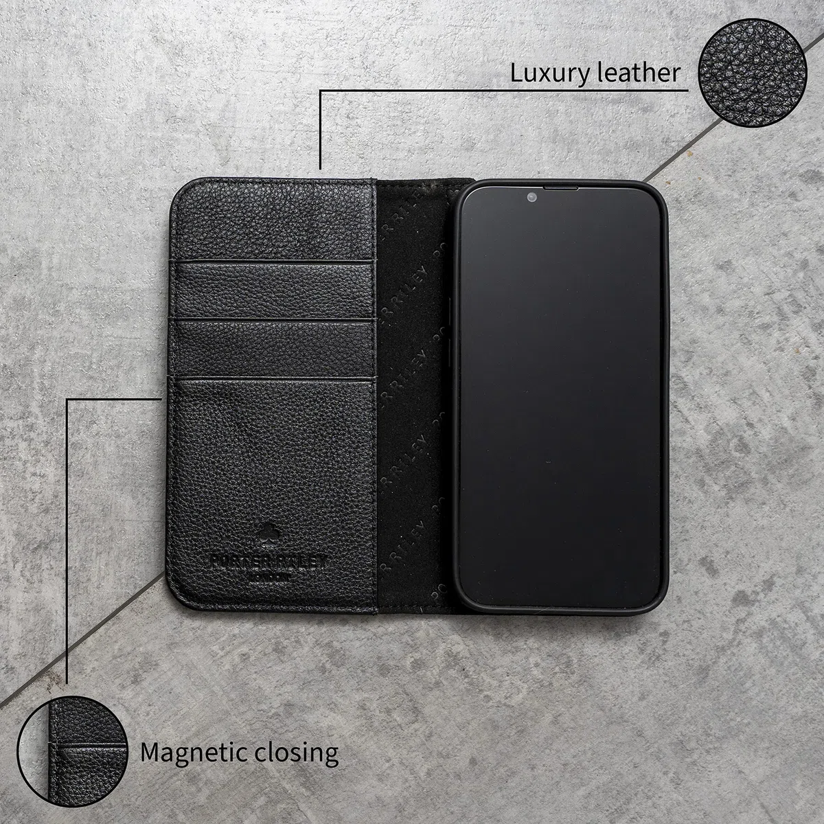 Porter Riley Custodia in Pelle per Iphone X/Iphone Xs. Supporto/Copertura/Portafoglio [Slot Per Schede] [Supporto Orizzontale] [Telaio Resistente] (Nero Assoluto)