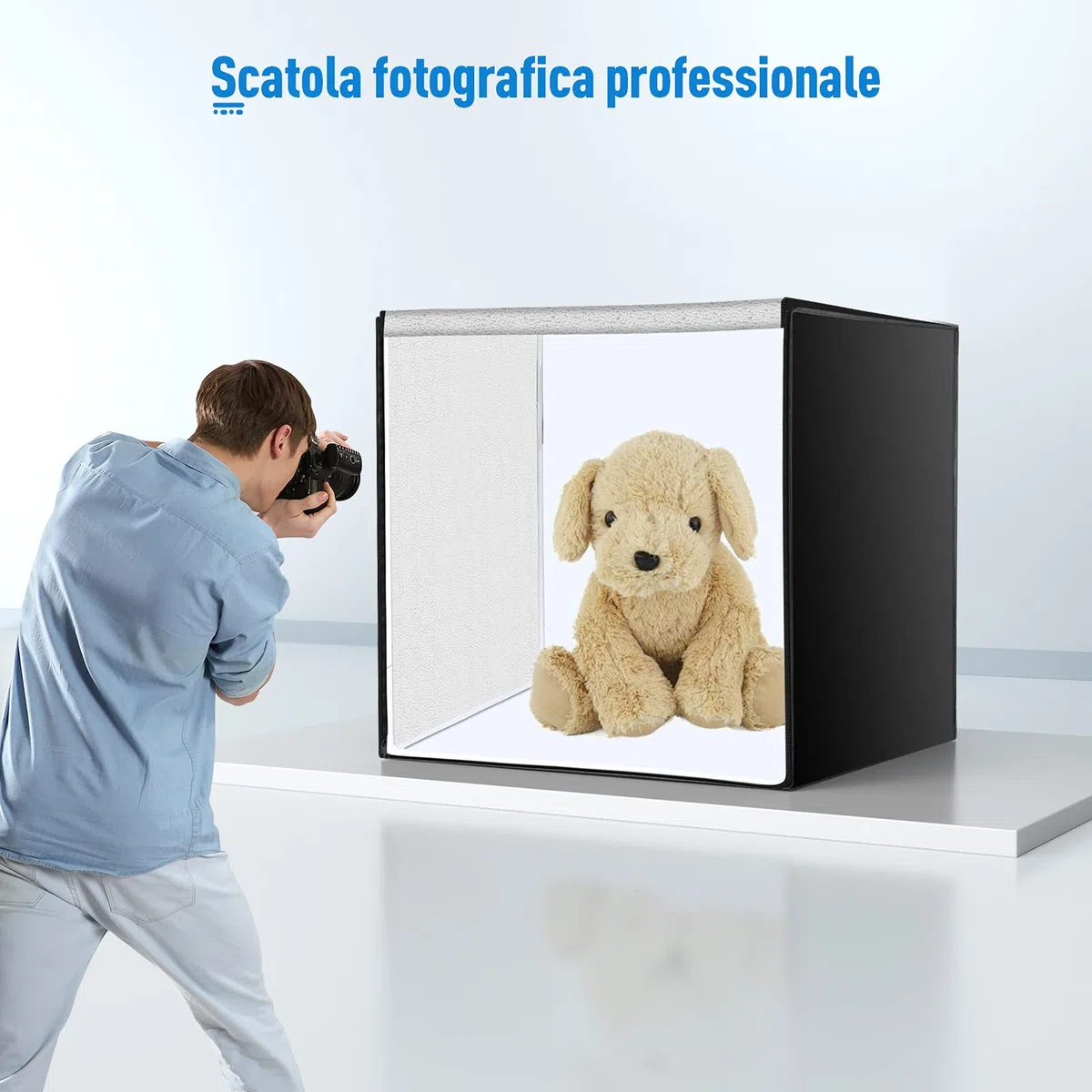 OMBAR Scatola Luminosa per Studio Fotografico Portatile, Dimmabile, LED, Tenda di Illuminazione per Shooting 80 x 80 x 80cm, Luminosità Regolabile, 3 sfondi Bbianco, Nero, Arancione)