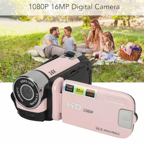 Registratore per Fotocamera Digitale, Videocamera Full HD 1080P 16MP, Fotocamera per con Schermo Ruotabile da 2,4 Pollici, Zoom 16X, Luce di Riempimento, Anti-vibrazione
