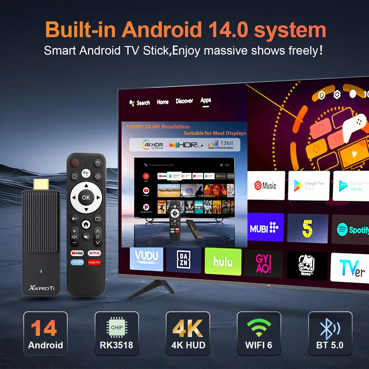 Android TV Stick 14.0 Ultima Versione 2026 4K Ultra HD TV Stick Box 2 GB RAM 16 GB ROM RK3518 CPU Supporta WiFi 6 BT 5.0 2,4/5 GHz, HDR10 Smart Streaming Media Player con Telecomando Vocale Assistente