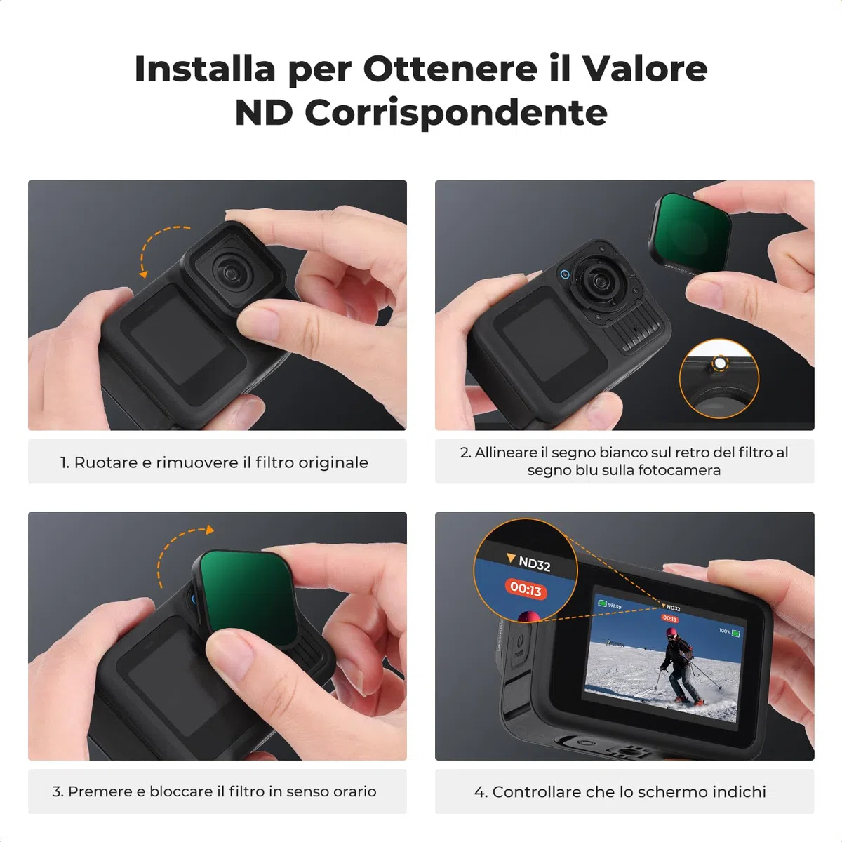 K&F Concept 4 Pezzi Set di ND Filtri (ND4 ND8 ND16 ND32) per GoPro Hero 13/12/11/10/9, Filtro Densità Neutra, con 28 Strati di Nano Rivestimento, Fotocamera di Azione Accessori