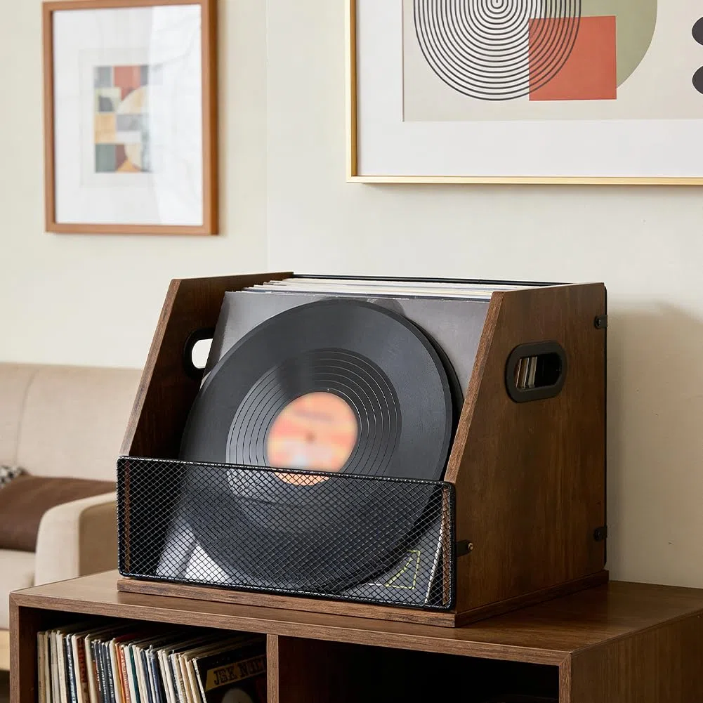 DICOSMETIC 38,5 x 28 x 28 cm, in legno di vinile, rustico, marrone, in legno, per album, caricatore, organizer con manico, decorazione per la casa e l'ufficio