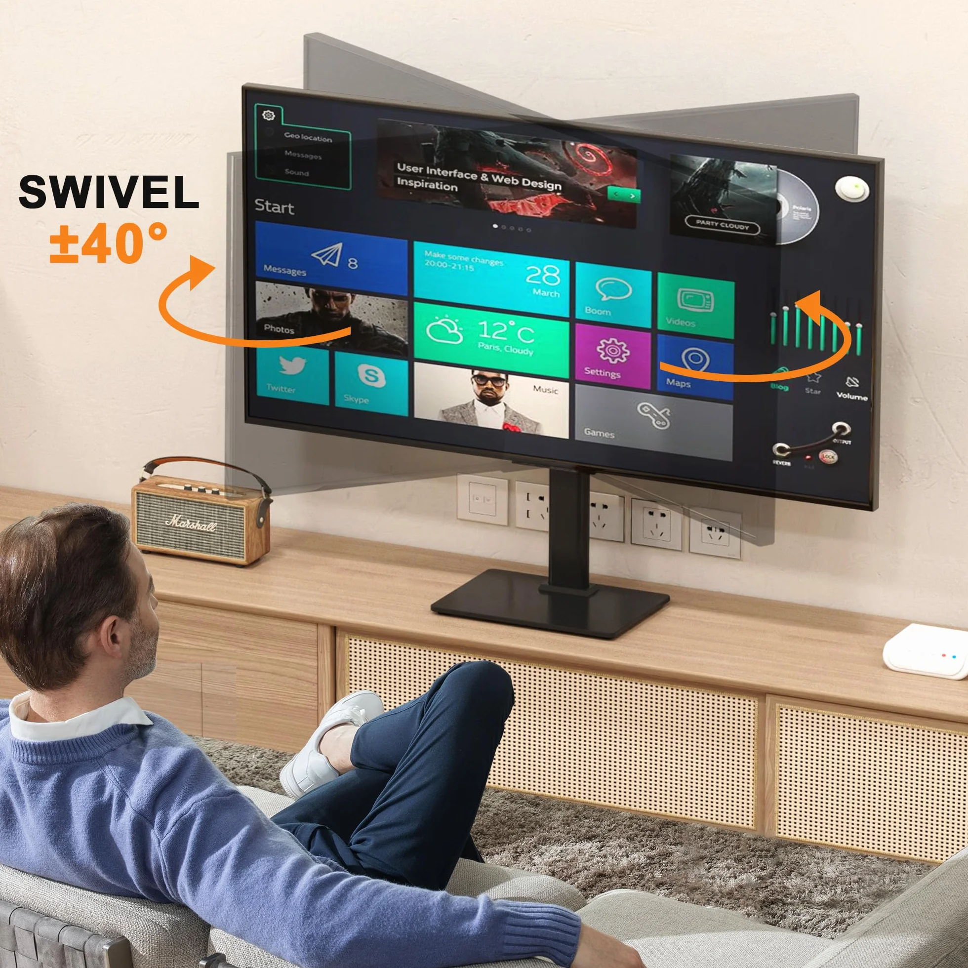 XINLEI Supporto Girevole per TV da Tavolo, Universale per 17-43 Pollici, Altezza Regolabile 265-385mm, Portata 45kg, VESA Max 200x200, Installazione Senza Forature