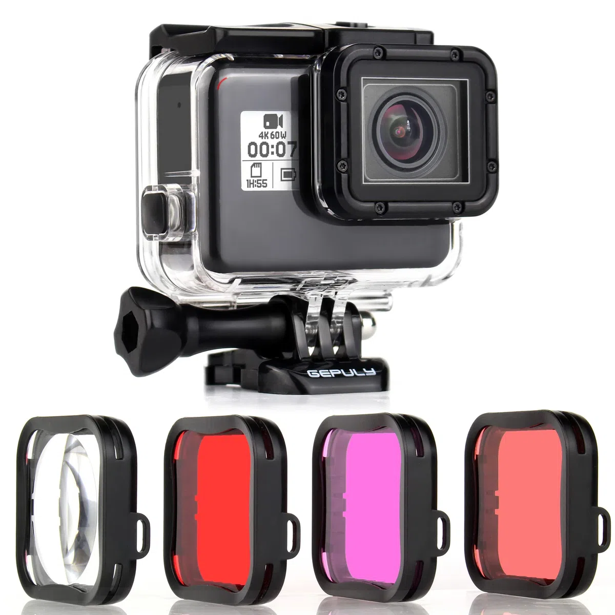 GEPULY Custodia impermeabile con filtri subacquei per fotocamere GoPro Hero 5, 6, 7, Black Hero (2018), 45 m, con filtri per close-up rosso/snorkel/magenta/5X HD