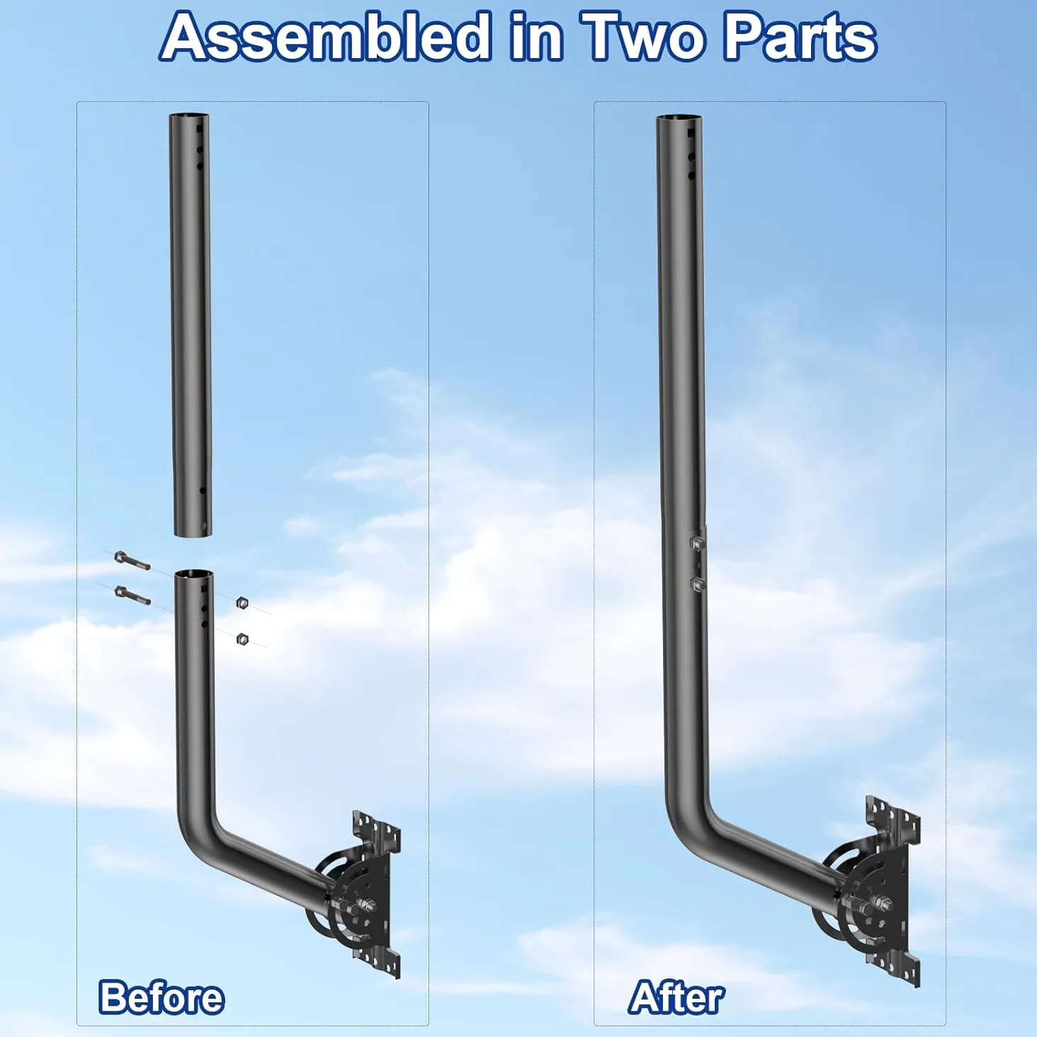 Supporto Universale Regolabile per Antenna TV, in Ferro Verniciato (1,38'' x 24'') - Montaggio a Parete, Gronda o Tetto, Bracket Pivot Resistente con Hardware Incluso, Nero