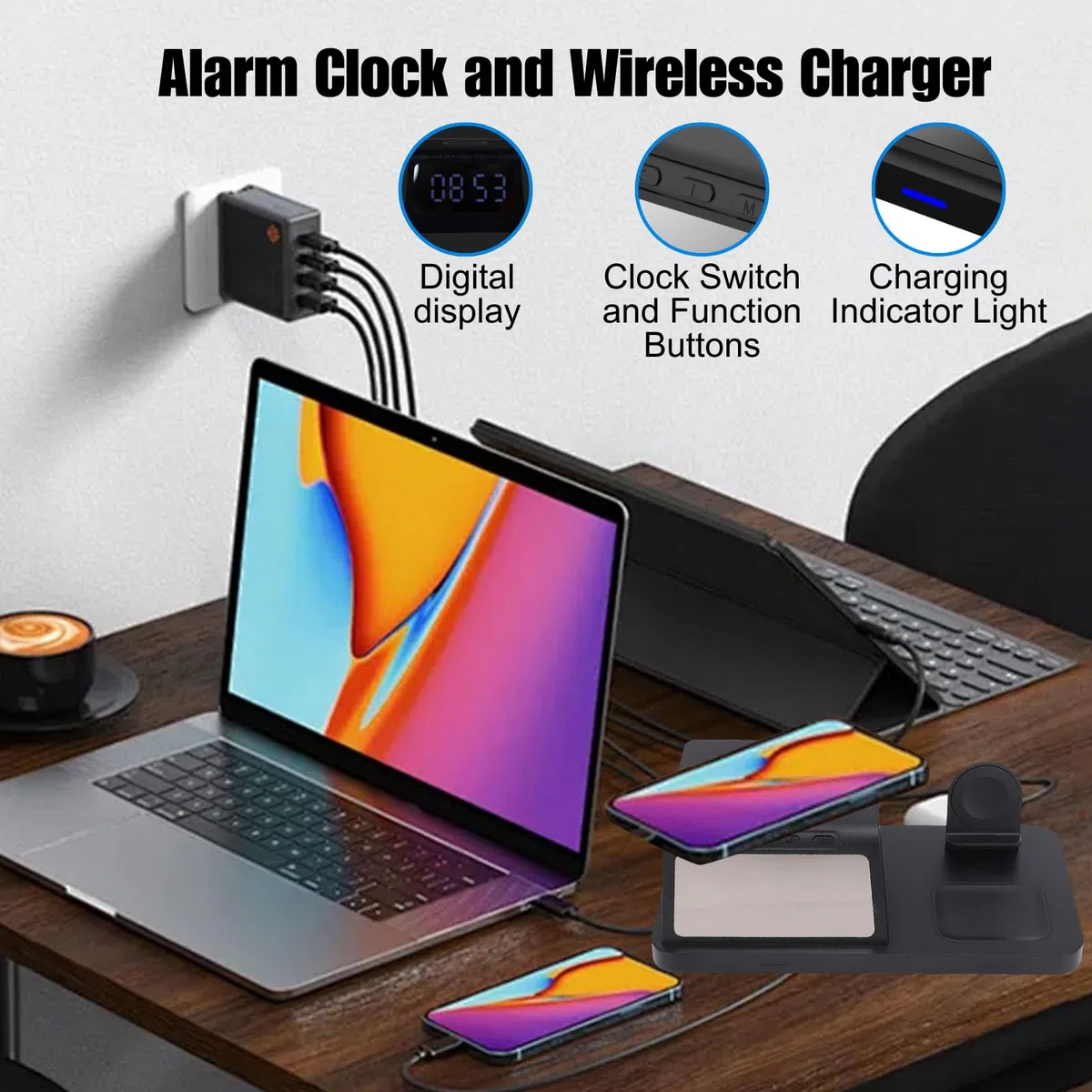 Caricabatterie Wireless Stazione di Ricarica Induttiva 3 in 1 Sveglia per Telefoni Cellulari Smartwatch Cuffie, Caricabatterie Wireless Compatibile con Potenza in Uscita 15W