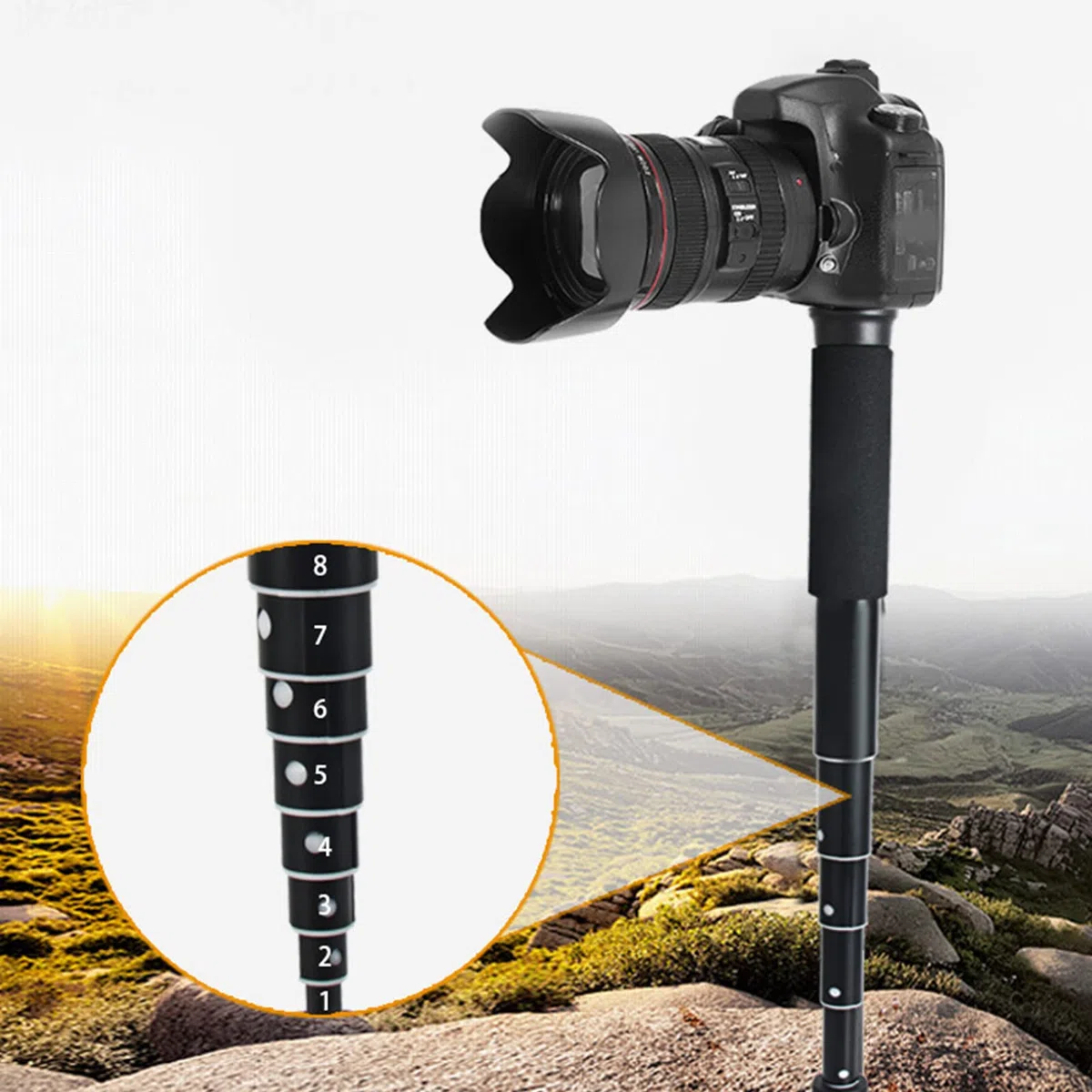 Monopiede per Fotocamera, Monopiede da Viaggio Leggero Compatto Portatile in Fibra di Carbonio a 8 Sezioni, Bastoncino da Trekking in Lega di Alluminio per Escursionismo, Campeggio