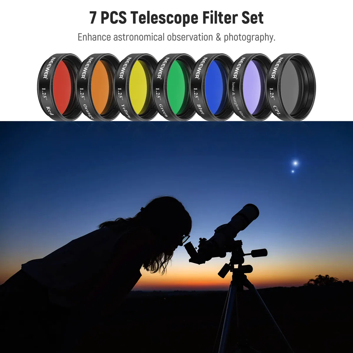 Neewer Kit 3,17 cm Filtri per Telecorder: Luna, CPL, 5 Colori (Rosso, Arancione, Giallo, Verde, Blu), Oculari per Osservazione Planetaria Lunare