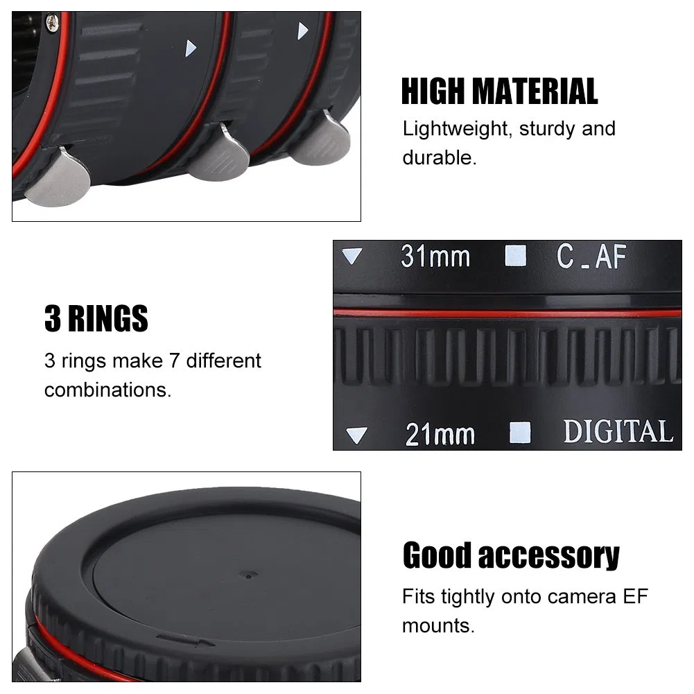 Anelli Adattatori Obiettivo Tubo di Prolunga Macro Messa a Fuoco Automatica, Adatto per Canon EOS EF Mount, 3 Anelli Formano 7 Combinazioni Diverse (13mm, 21mm, 31mm)