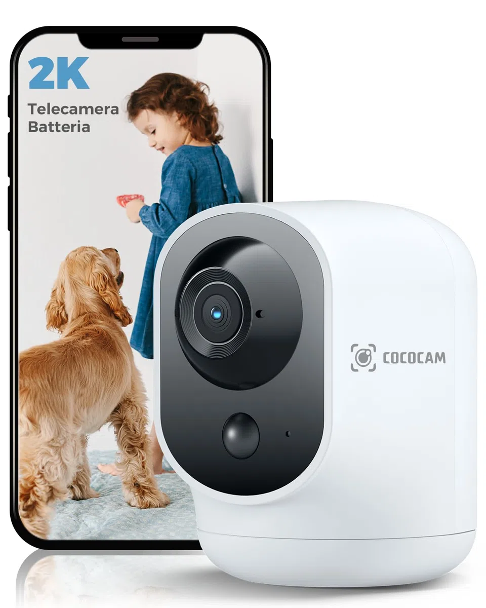 COCOCAM 2K Telecamera WIFI Interno Senza Fili con Batteria 5200mAh, 355°P 90°T Wireless per Baby Monitor per Animali Assistenza Agli Anziani, Riconoscimento AI, PIR Rilevamento Umano (1, Bianco)
