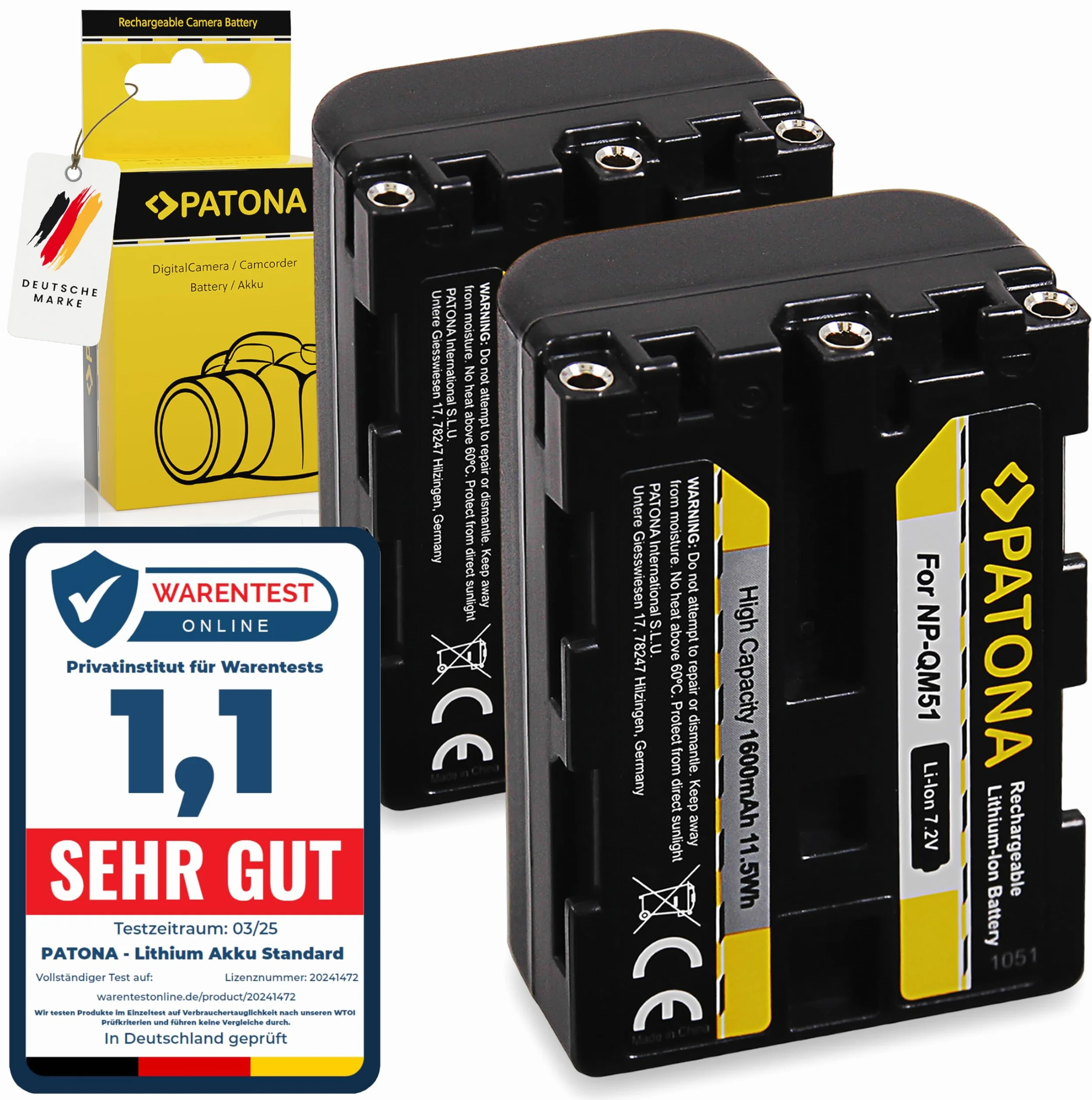 PATONA 2x NP-FM50 NP-QM51 Batteria 1600mAh compatibile con Sony Camcorder NP-FM30 FM50 FM70 FM90 QM51D QM71D QM91D CCD-TRV106K 108 116 128 DCR-DVD91 100 200 DCR-HC14 TRV6 TRV8 NPFM50 QM51 FM50