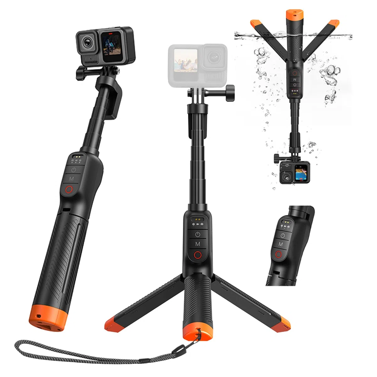 Manico galleggiante Selfie Stick Treppiede Impermeabile Estensibile Selfie Monopiede Maniglia con Telecomando Bluetooth per Go Pro Hero13 Black, Hero 12 11 10 9 8 Black Action Camera