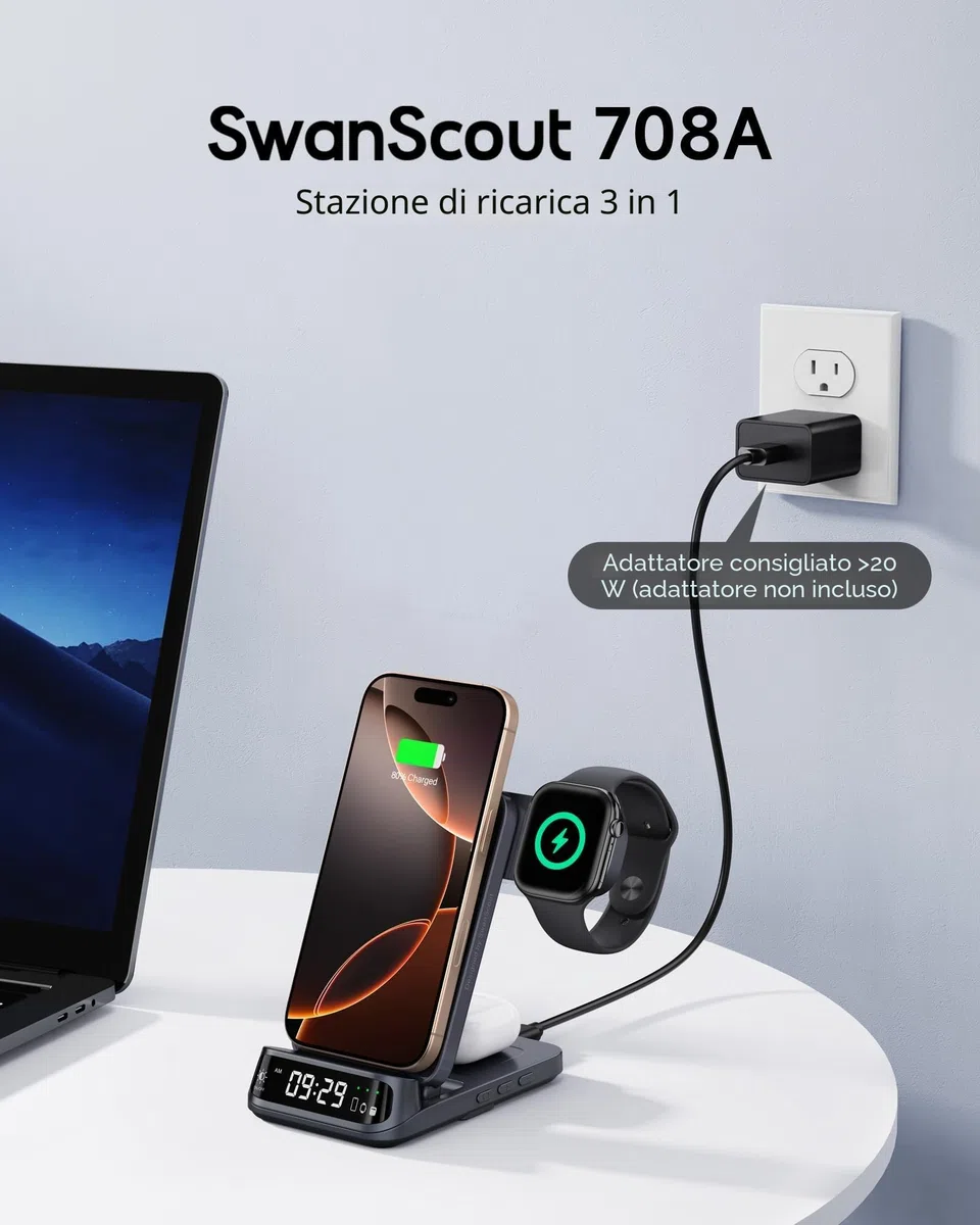 SwanScout Caricatore Wireless per iPhone, Stazione di Ricarica 3 in 1 per iPhone 17/Air/16/15/14/13/12, Base Ricarica per Apple Watch Ultra 3/11/10/9/8, per AirPods, SwanScout 708A (Senza Adattatore)