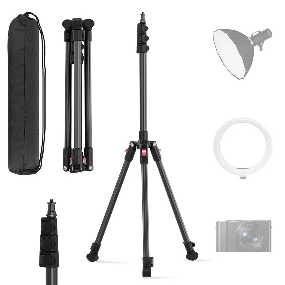 Stativo Fotografico e Stativo luci, Tripode in Alluminio, 44-200 cm, Gambe Reversibili, Vite 1/4", Per Anelli luce, Flash e Softbox. Peso 0.85 kg, Regolazione Indipendente Gambe Per Ogni Terreno
