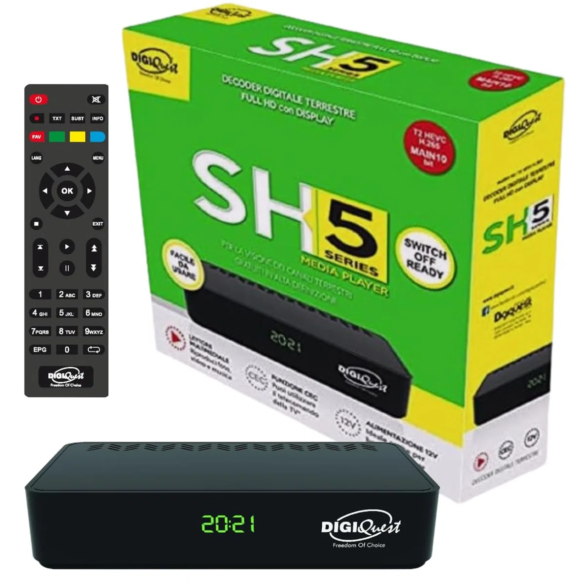 Decoder Digitale Terrestre 2025, DVB-T2, Digiquest SH5 HEVC H.265 10bit Full HD FTA, Sintonizzatore TDT HD, USB, HDMI, SCART, Ethernet LAN RJ-45, Telecomando, Plastica, TV Sat Decoder