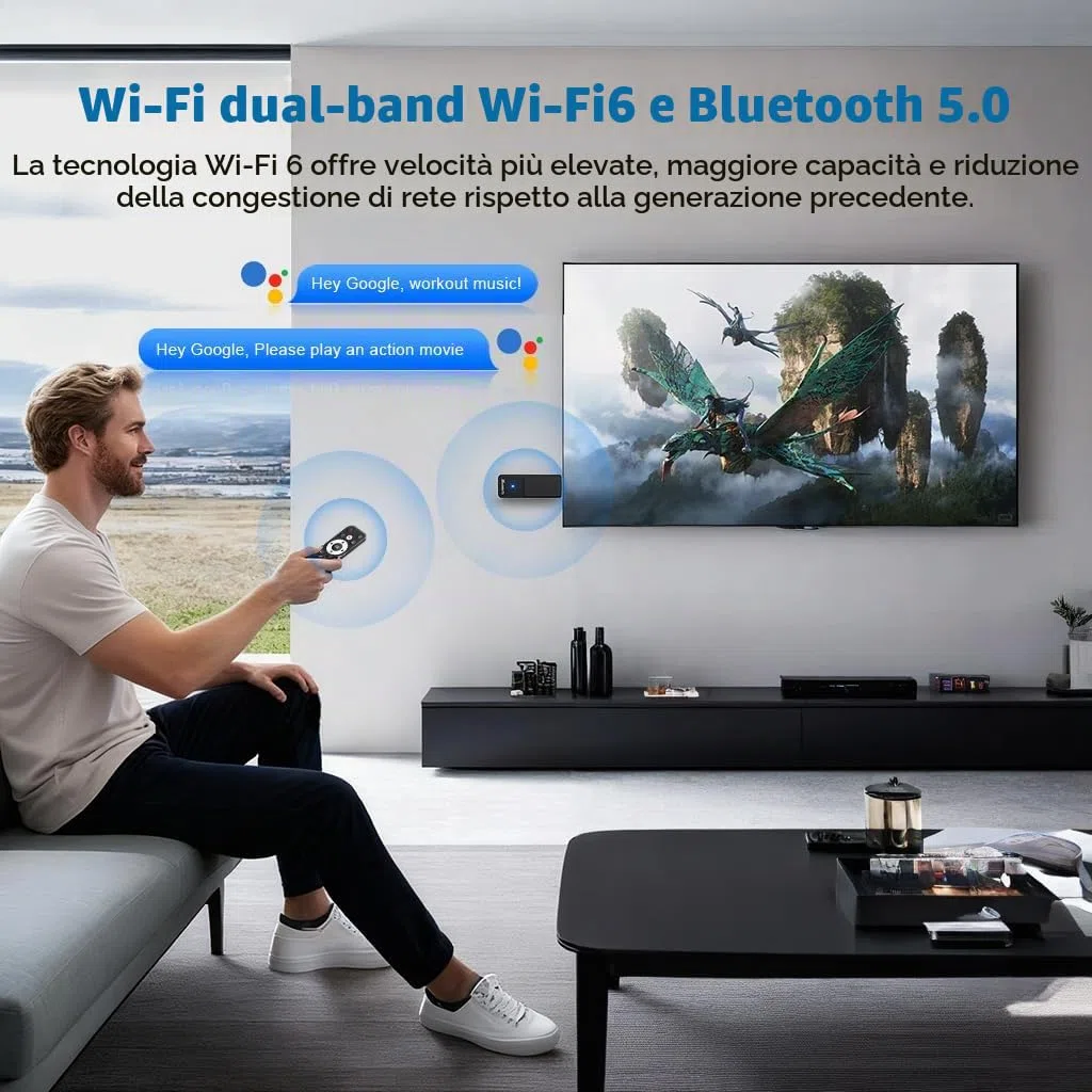 GREVA TV Stick 4K Ultra HD Streaming Dispositivo 2025 Ultimo Android 14.0 TV Stick con Telecomando Vocale GG Assistant Streaming Media Player 2GB 16GB HDR/AV1/2,4G/5G WiFi/BT 5.0, Smart TV Box Nero
