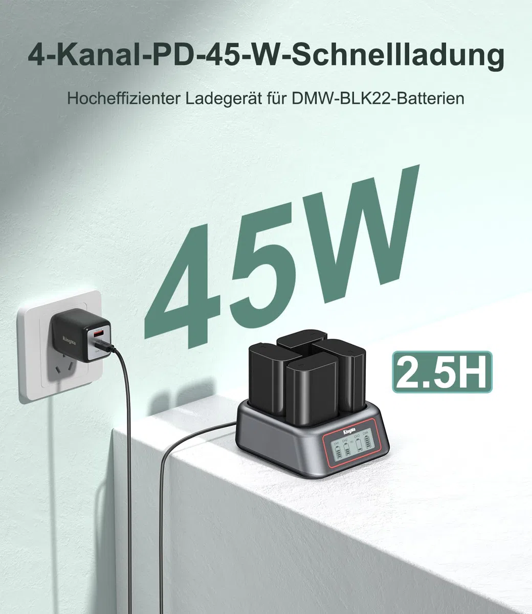 Caricabatterie King Ma DMW-BLK22, caricabatterie per fotocamera a 4 canali, ricarica rapida PD da 45 W con display LED, compatibile con Panasonic DMC-GH5/DMC-GH5S/GH6/DC-S5//DC-G9/DC-S5K/DC-S52X