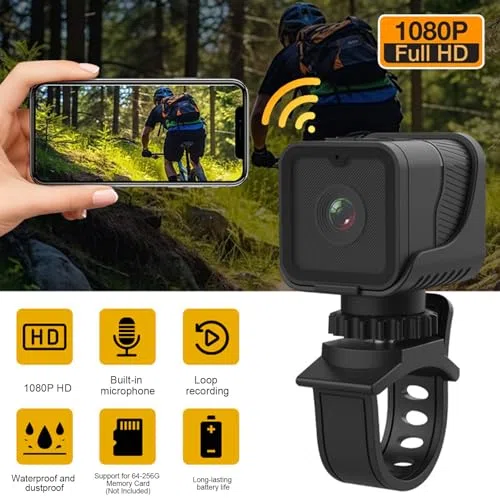 Denash Telecamera per Manubrio Bici, Registratore per Bicicletta Impermeabile 1080P, Telecamera per Sport All'aria Aperta Wi-Fi Anti-vibrazione Grandangolare da 120 Gradi