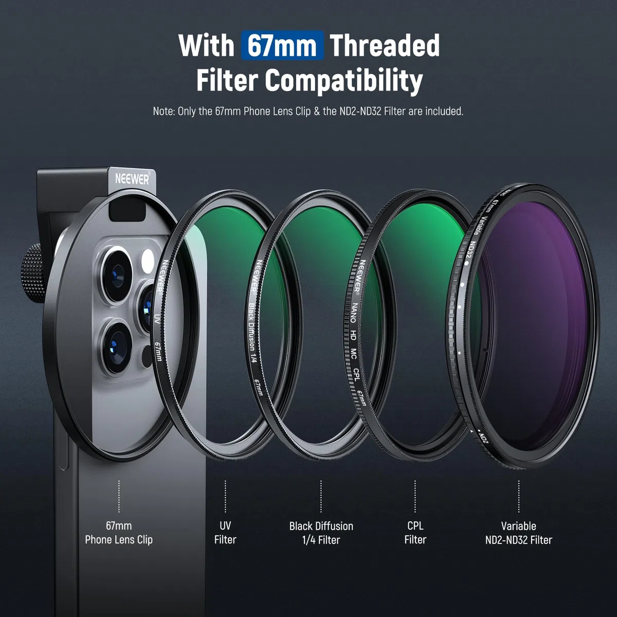 NEEWER Kit 67mm Filtri ND2-ND32 Variabile per Lenti Telefono, Phone Clip con Cold Shoe, Filtro ND Variabile HD per iPhone 17 16 15 Pro Max 14 13 Galaxy S24 S25 Ultra
