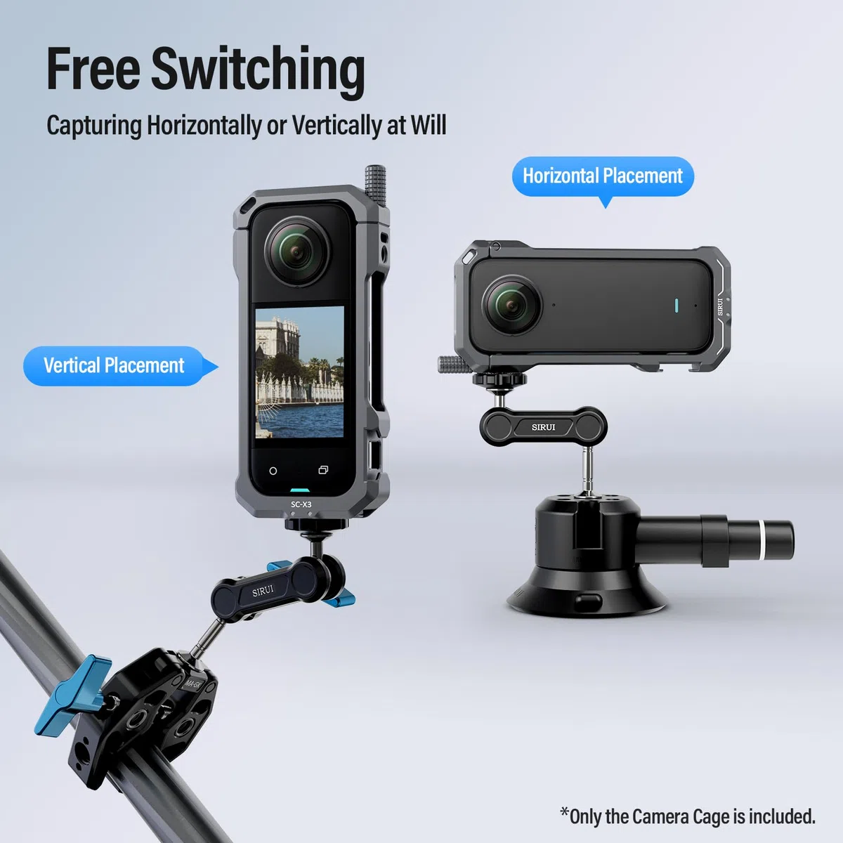 SIRUI Gabbia per Fotocamera per Insta360 X3, Custodia Protettiva in Alluminio per Insta360 X3 con Copriobiettivo in Silicone, Filettatura da 1/4" e Slitta Fredda, Accessori per Fotocamera, SC-X3