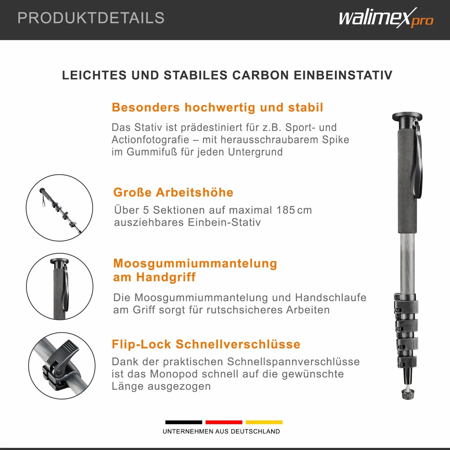 Walimex Pro WAL-1983 monopiede Nero (altezza massima 185 cm)