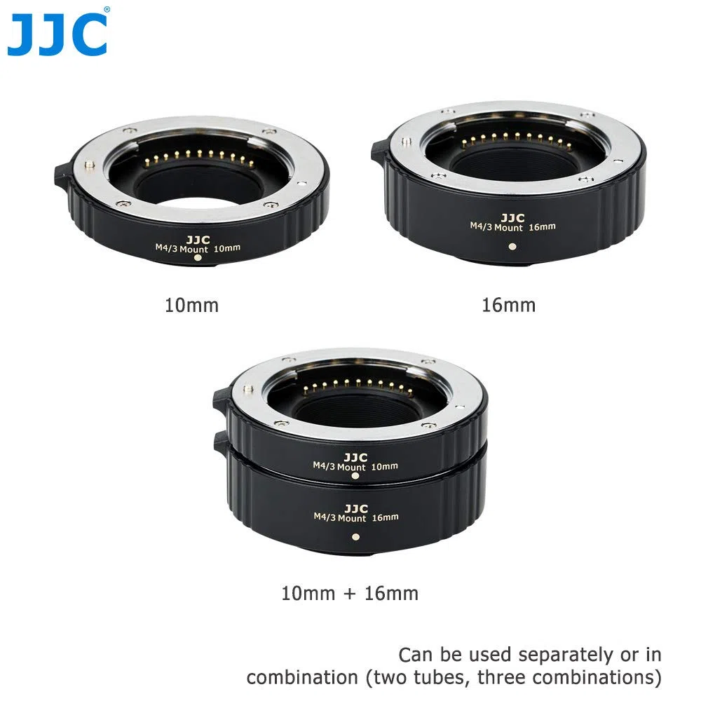 JJC 2-Pezzo (10mm/16mm) Metallo Set Tubo di Estensione Automatico Macro per Olympus e Panasonic Micro 4/3 (MFT) Fotocamera